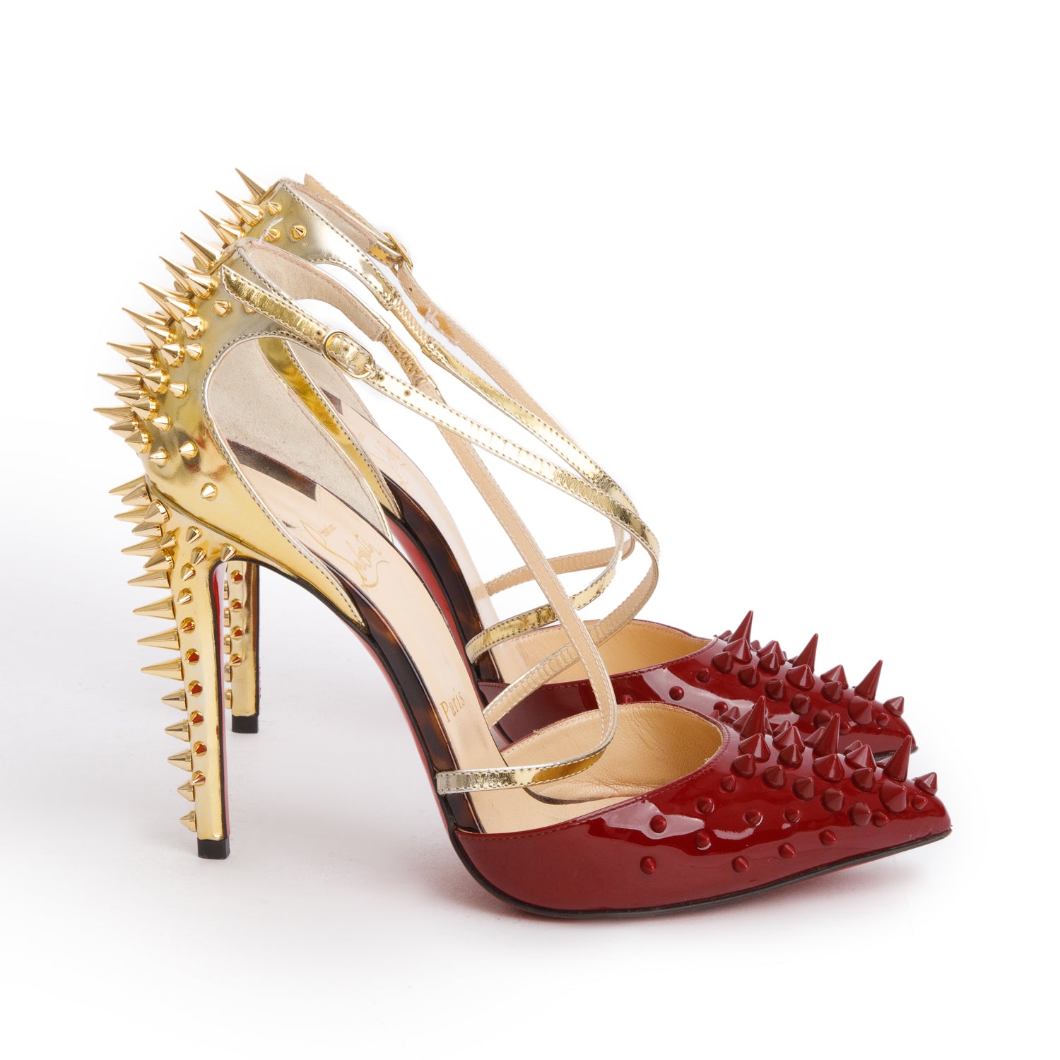Christian Louboutin Red Gold Patent Leather Specchio Goldocross Spikes 100 Pumps, Size 37.5