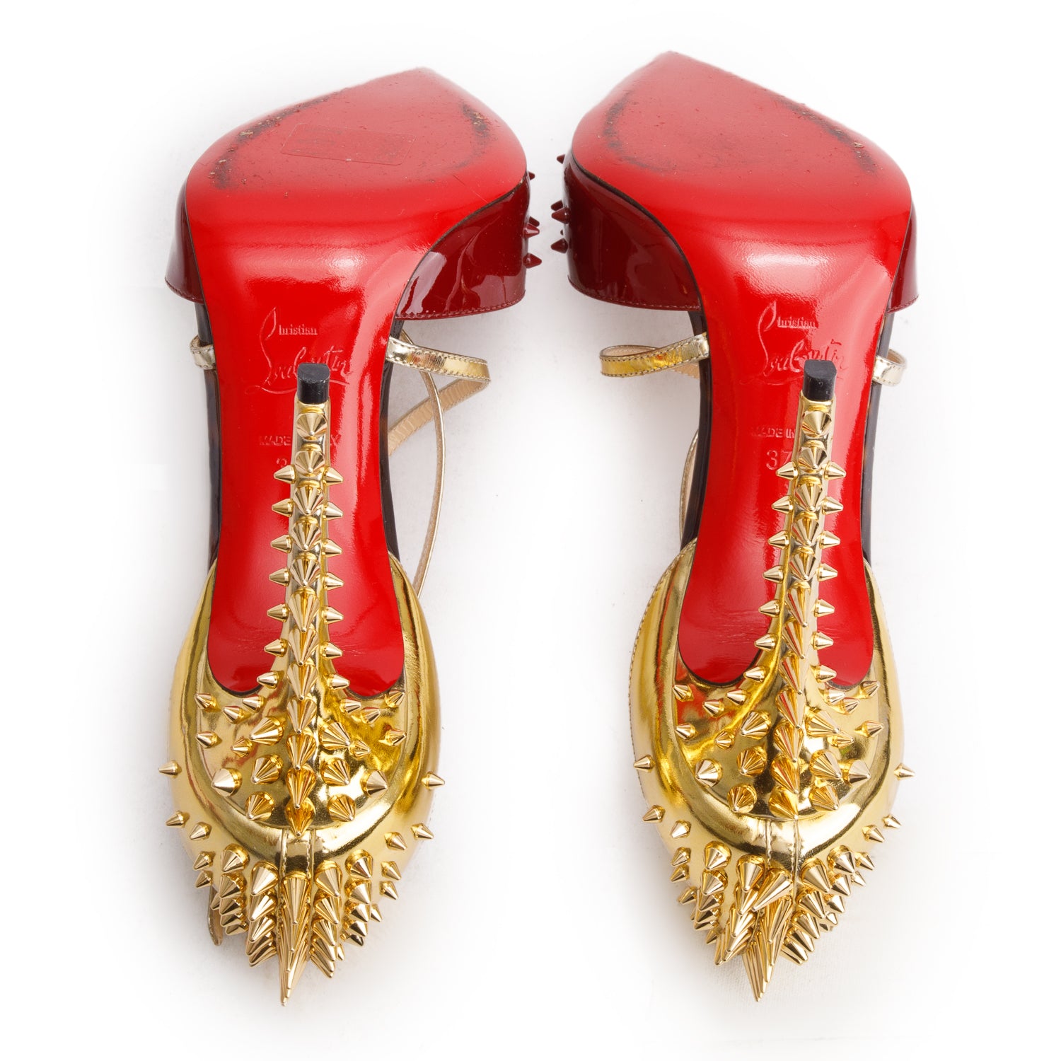 Christian Louboutin Red Gold Patent Leather Specchio Goldocross Spikes 100 Pumps, Size 37.5