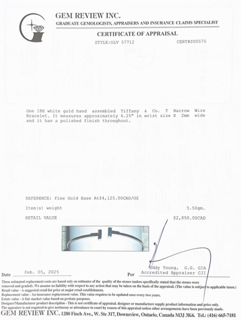 Tiffany & Co. 18k White Gold T Narrow Wire Bracelet w/ Box