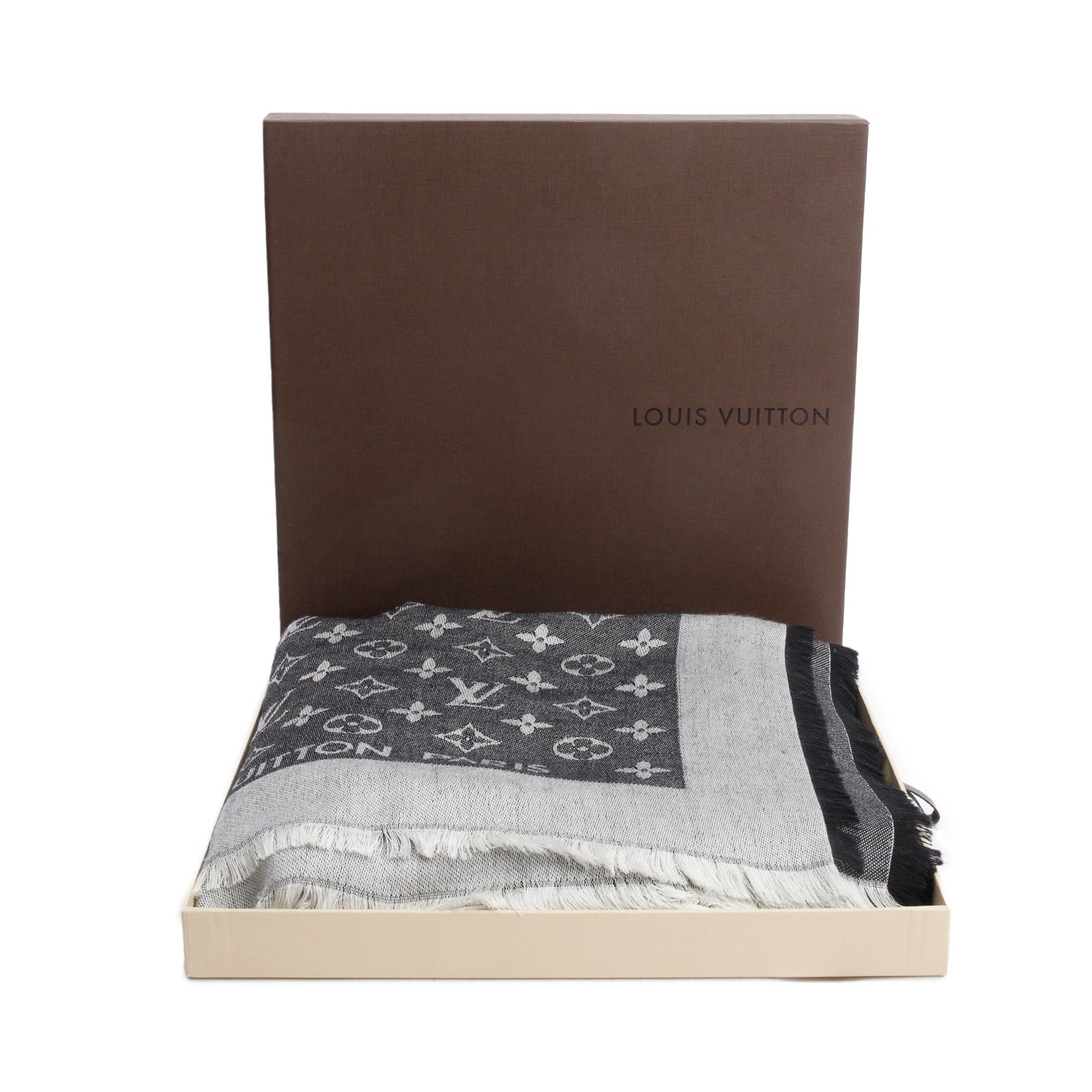 Louis Vuitton Grey Monogram Silk/Wool My Daily Denim Shawl Scarf w/ Box