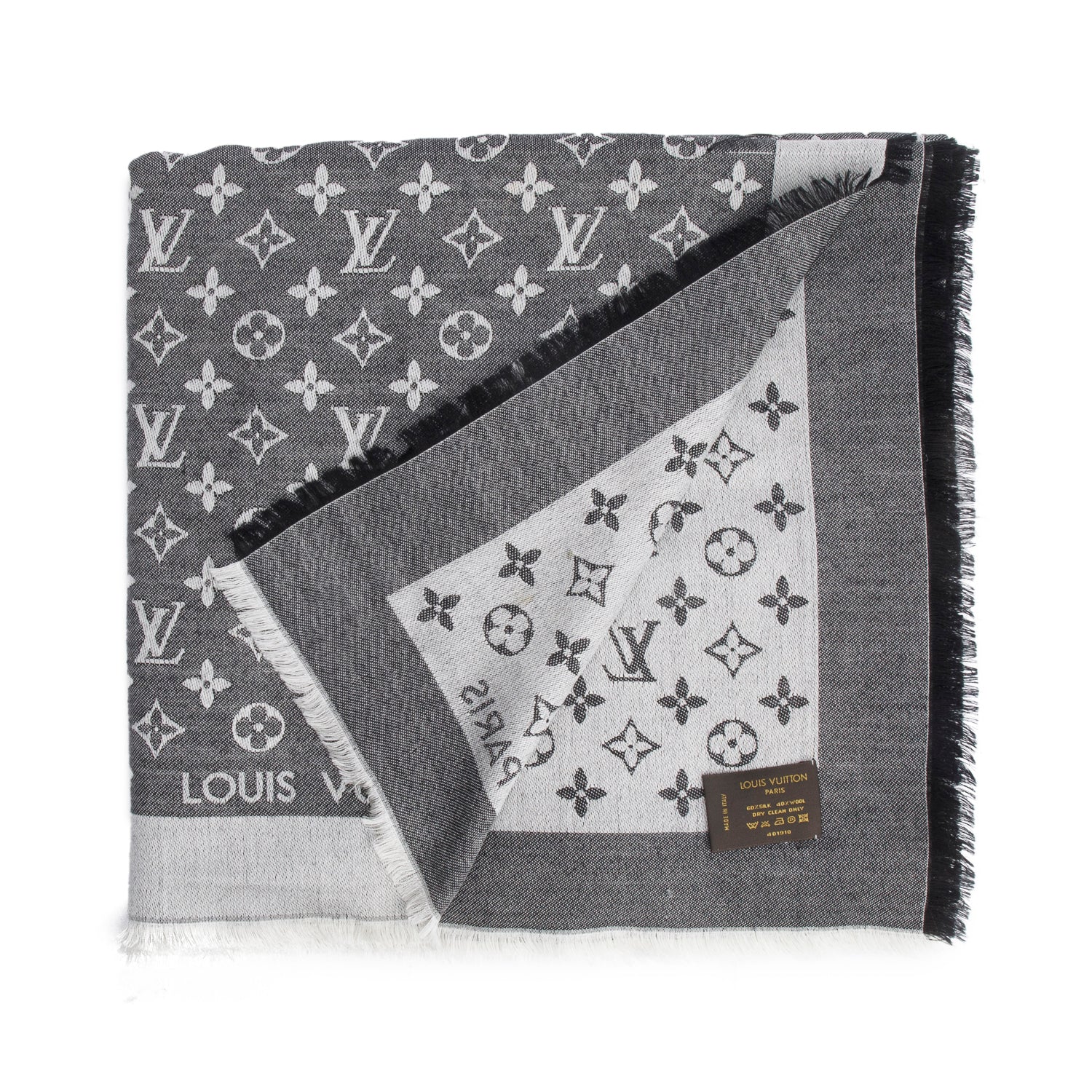 Louis Vuitton Grey Monogram Silk/Wool My Daily Denim Shawl Scarf w/ Box