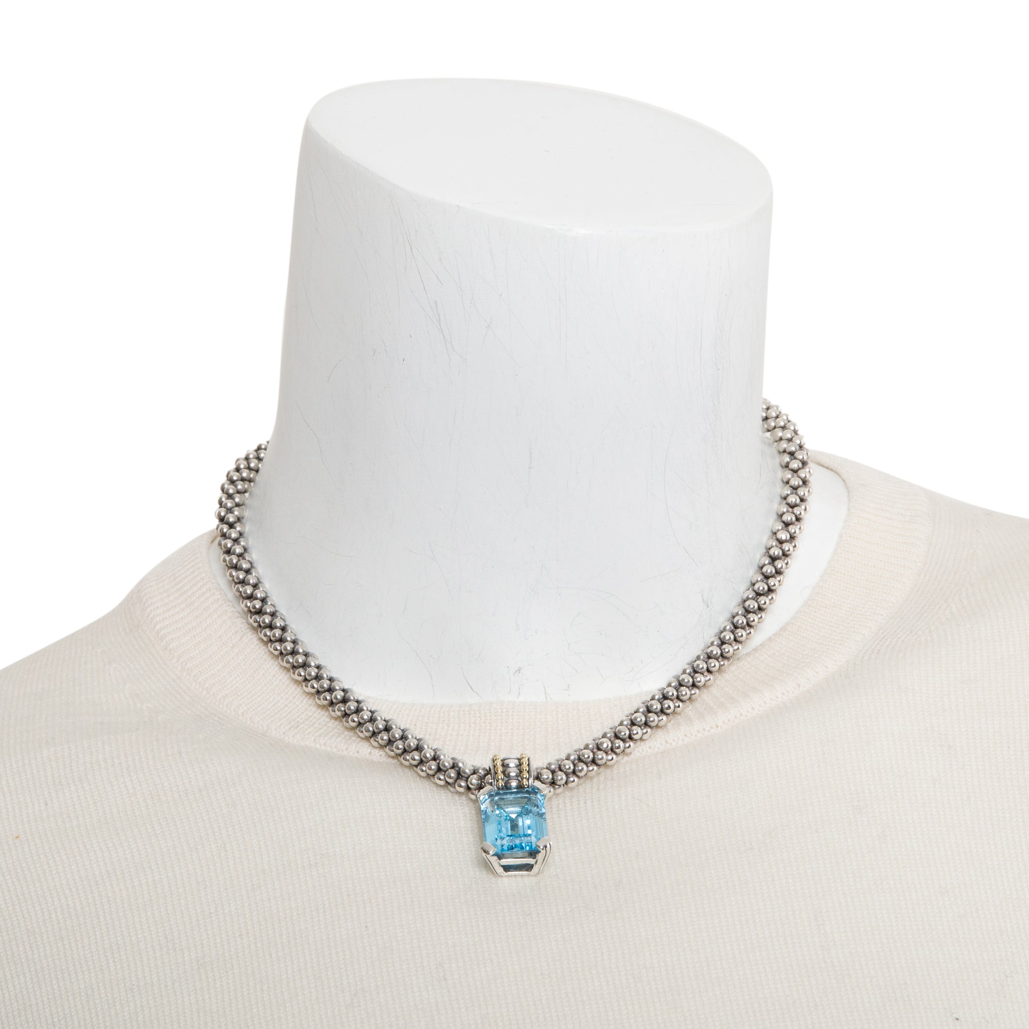 Lagos Sterling Silver & 18k Yellow Gold Blue Topaz Pendant on Caviar Necklace