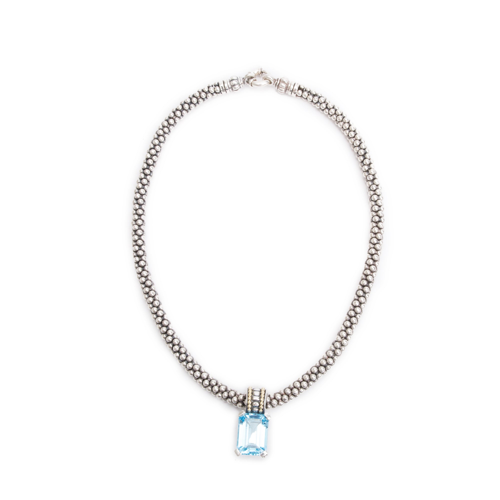 Lagos Sterling Silver & 18k Yellow Gold Blue Topaz Pendant on Caviar Necklace