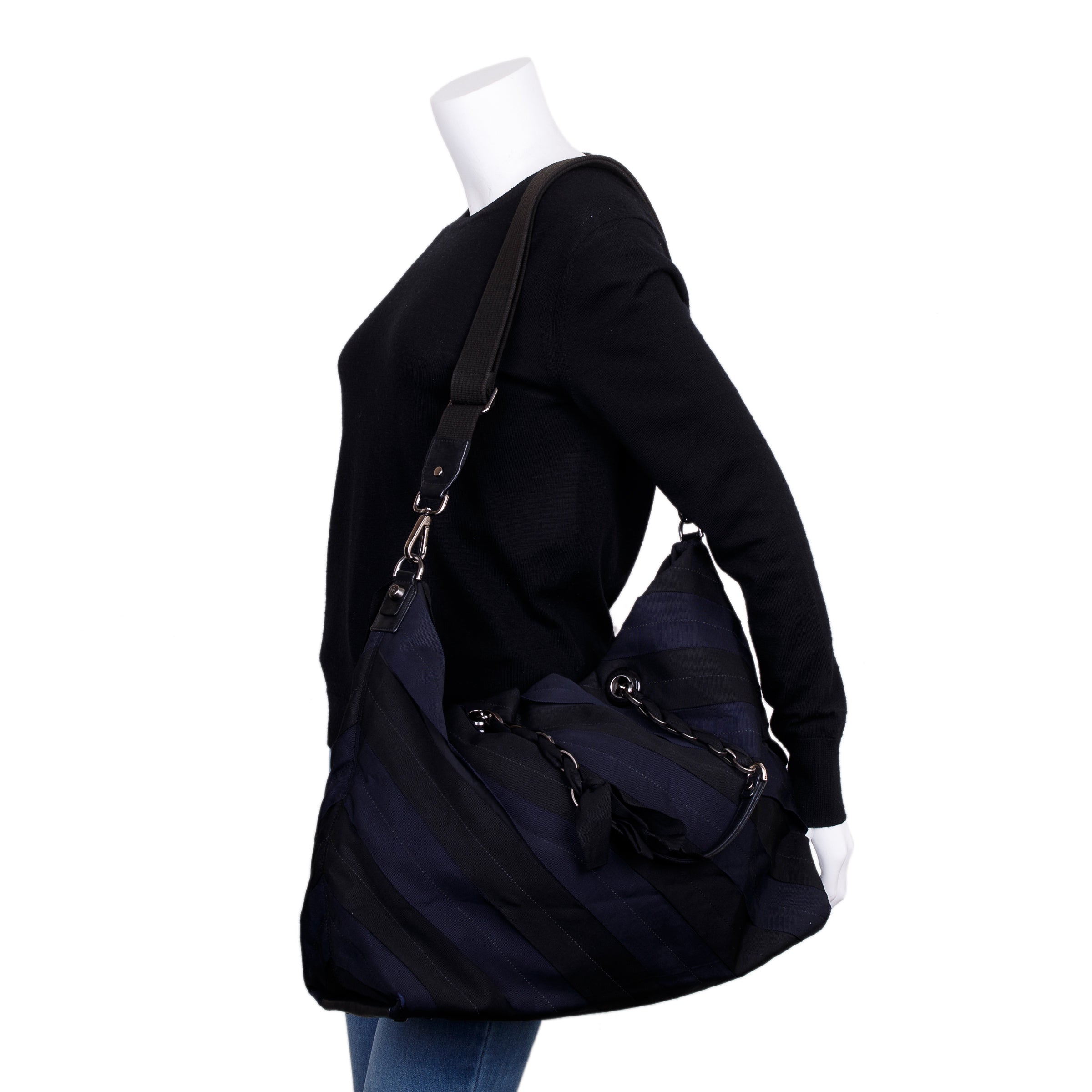 Lanvin Blue/Black Nylon Leather Trimmed Tote