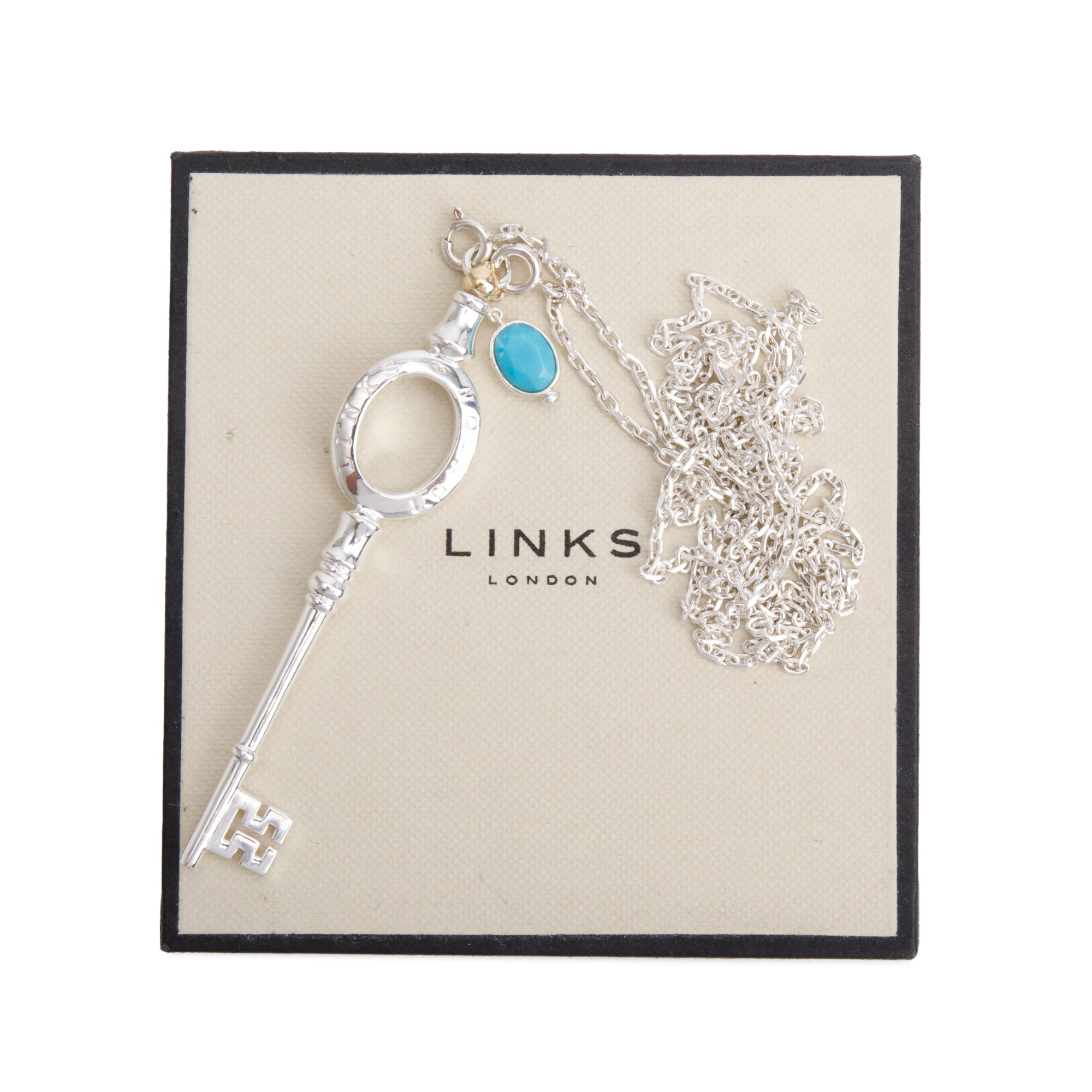 Links of London Sterling Silver Turquoise Anthology Key Pendant Necklace w/ Box