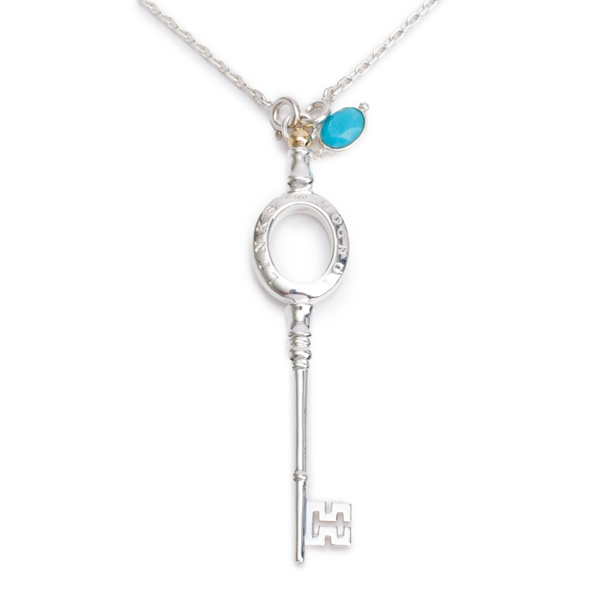 Links of London Sterling Silver Turquoise Anthology Key Pendant Necklace w/ Box