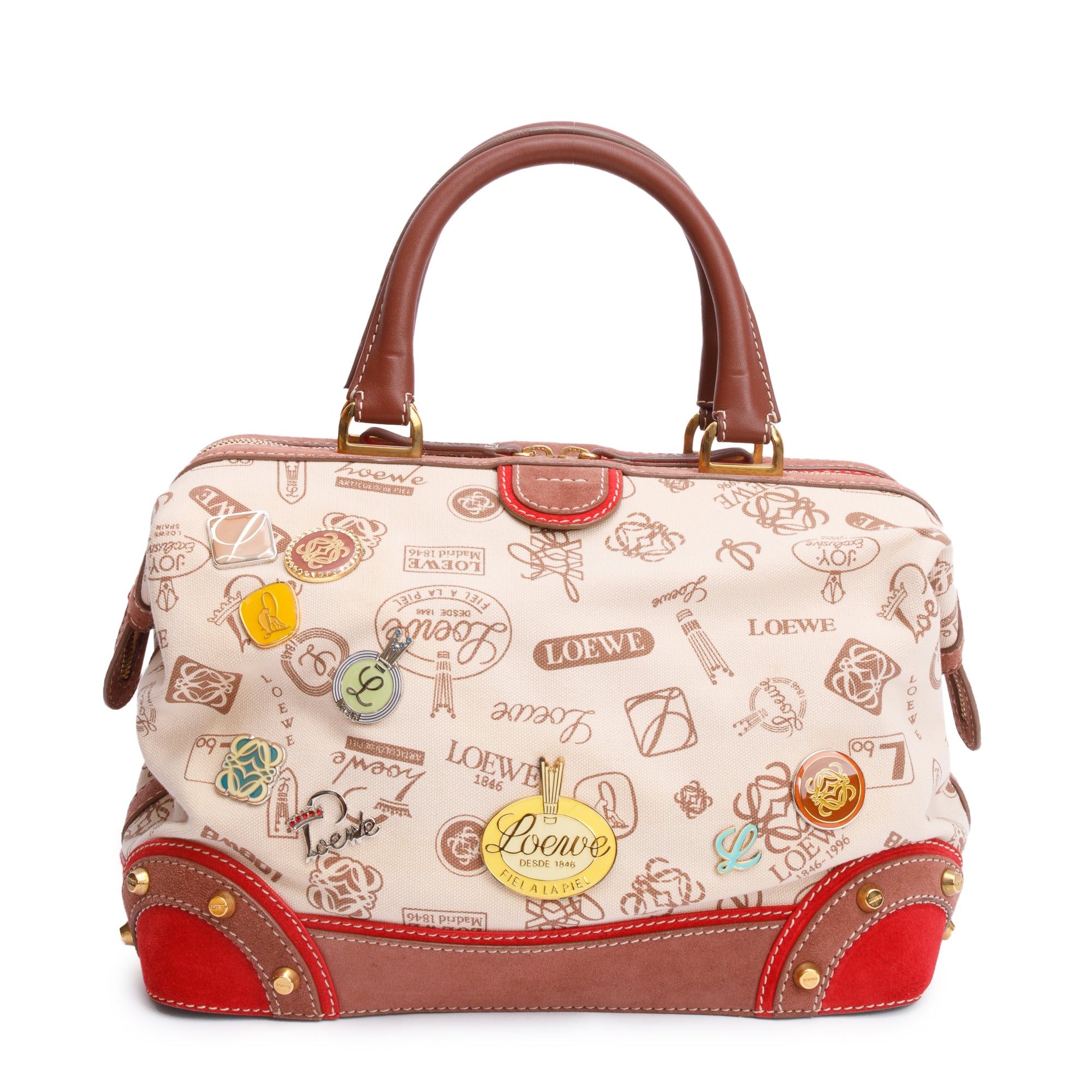 Loewe Vintage Beige Printed Logo Canvas Suede Doctor Bag