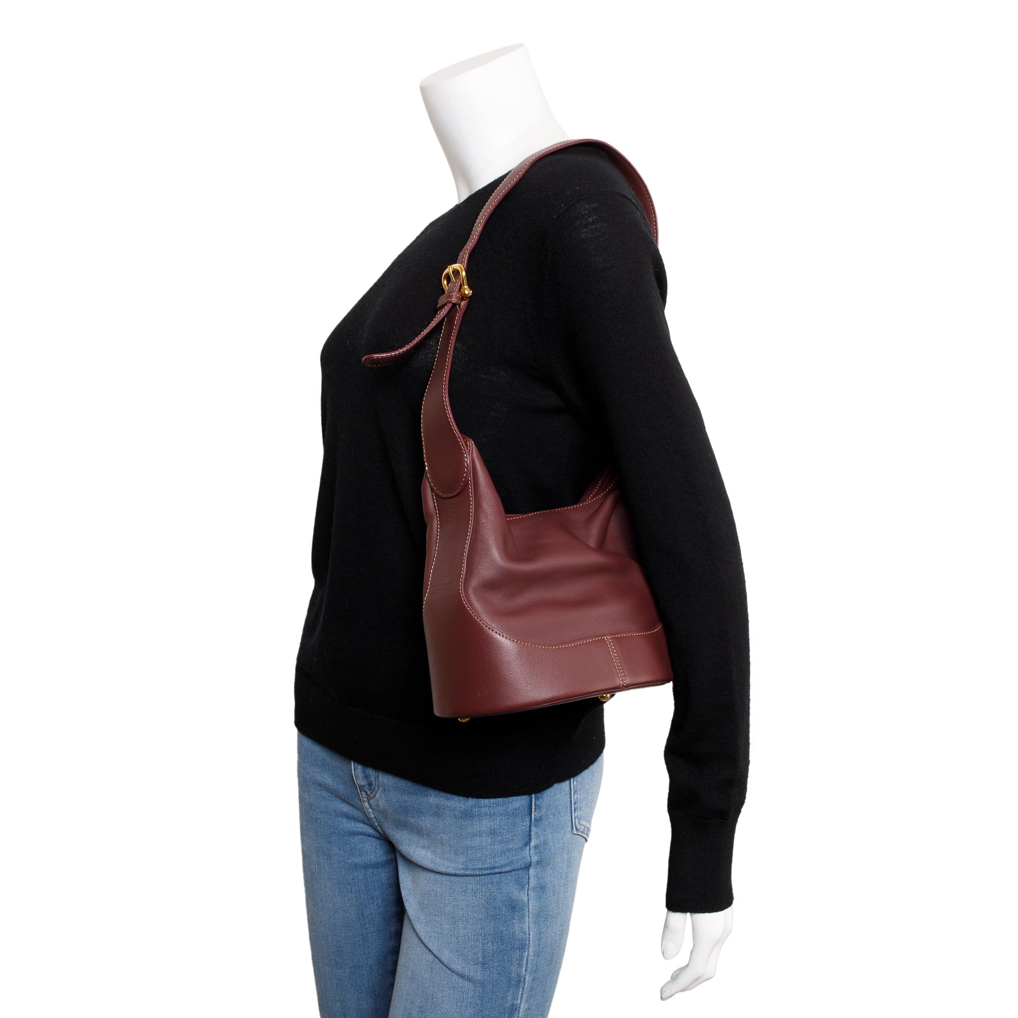 Loewe Vintage Burgundy Calfskin Leather Logo Bucket Bag w/ Pouch