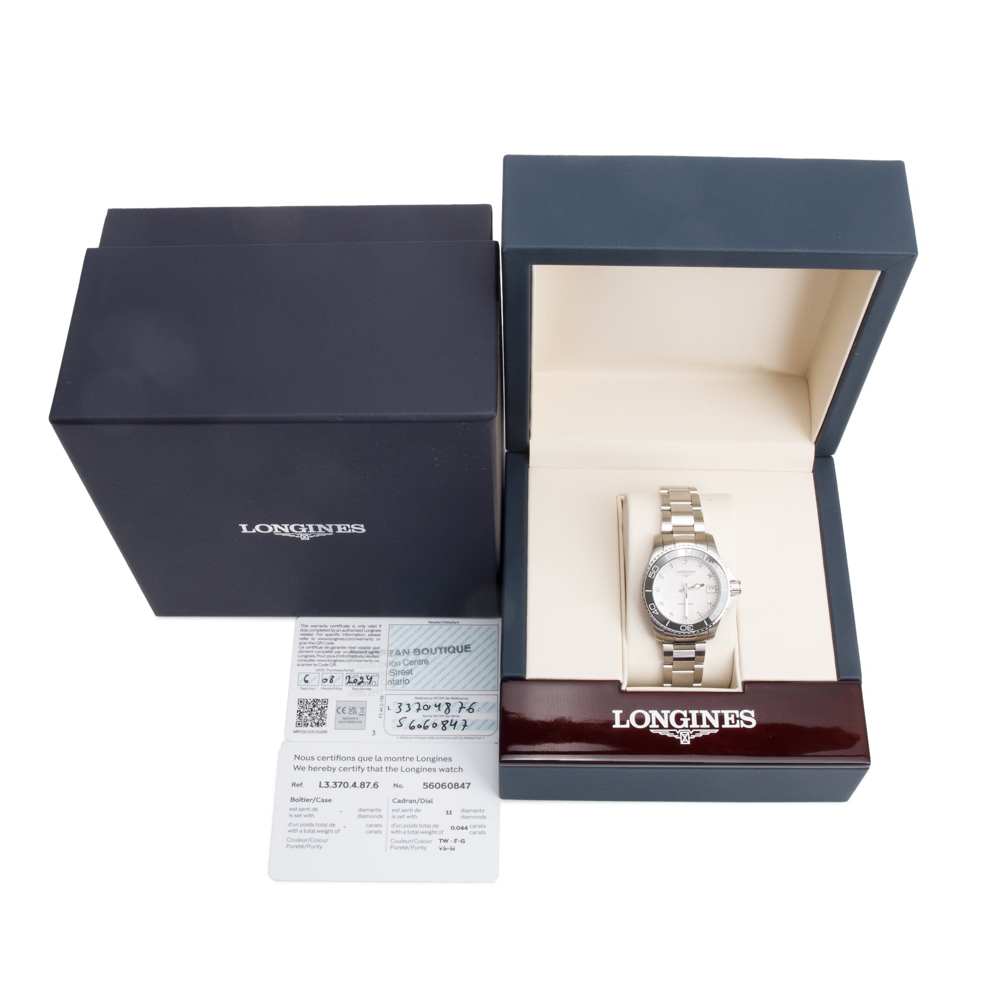 Longines 2024 Stainless Steel & Black Ceramic HydroConquest Mother of Pearl Diamond Dial 32 MM Quartz Watch w/ Box & Papers