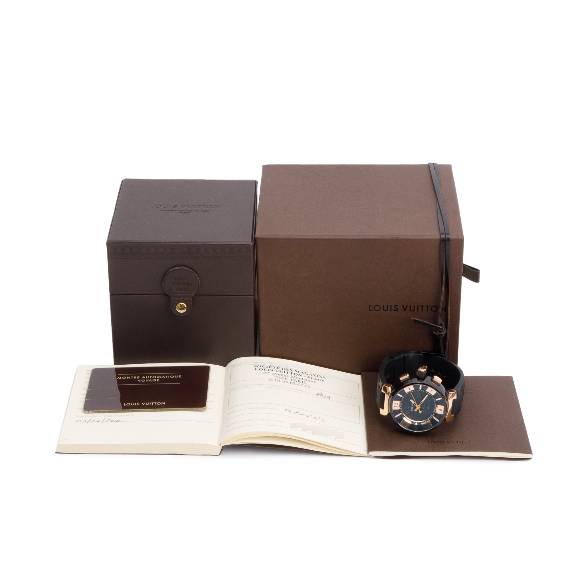 Louis Vuitton 18k Rose Gold & Black PVD Stainless Steel Tambour 42 MM Chronograph Watch Q118N w/ Box & Papers