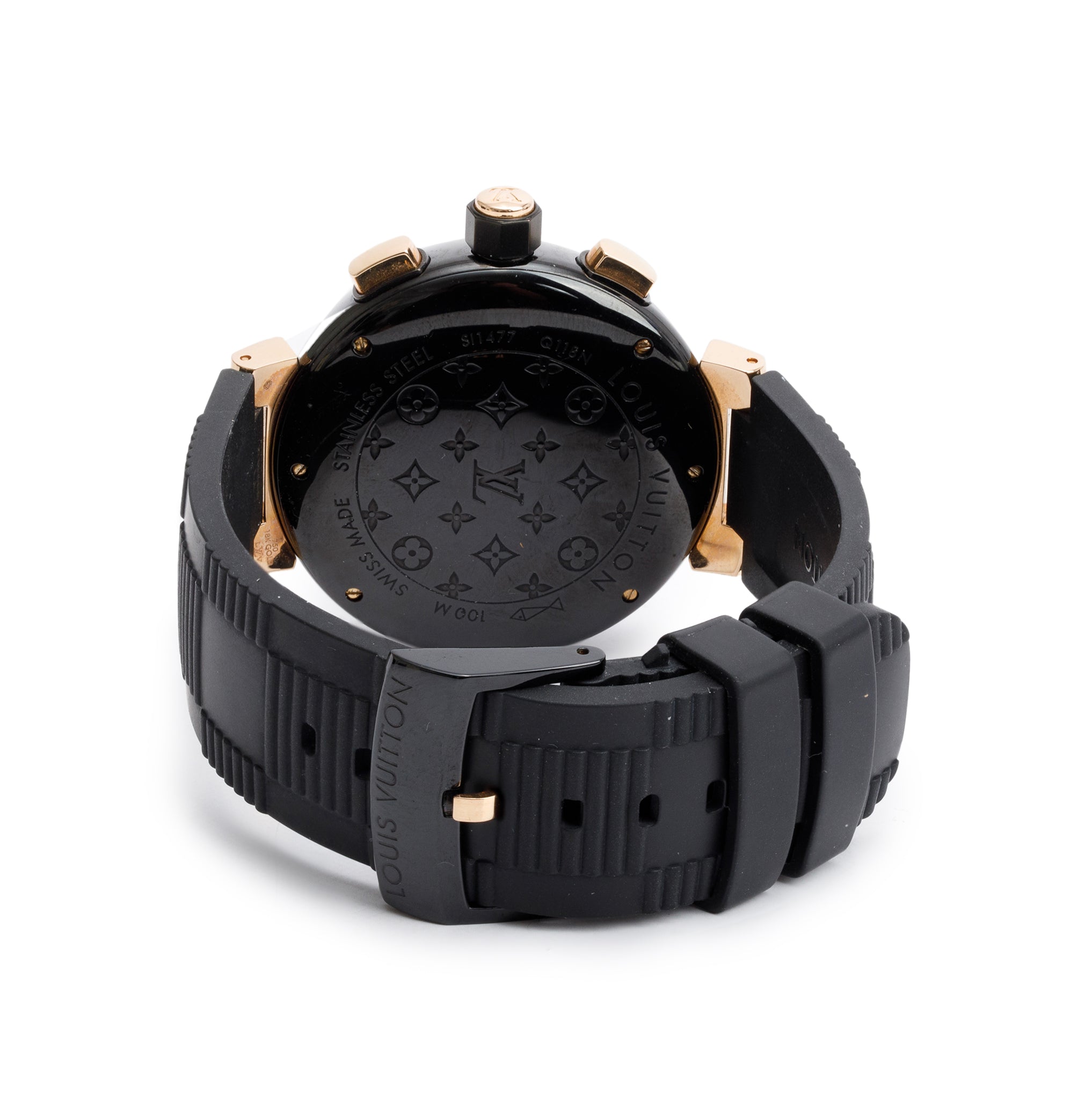 Louis Vuitton 18k Rose Gold & Black PVD Stainless Steel Tambour 42 MM Chronograph Watch Q118N w/ Box & Papers