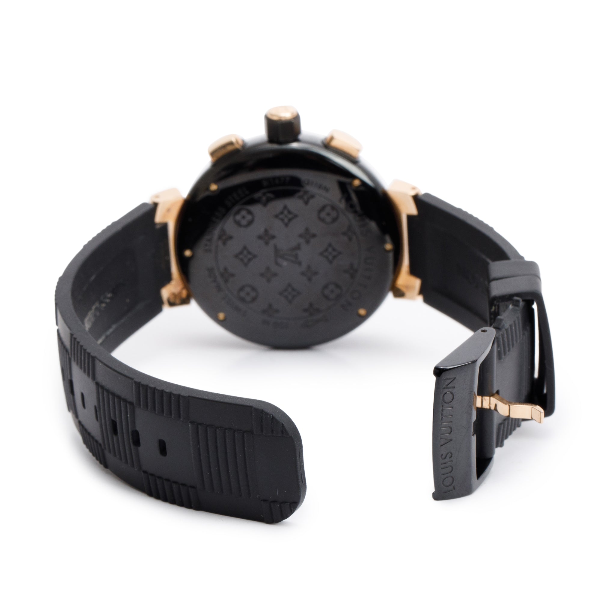 Louis Vuitton 18k Rose Gold & Black PVD Stainless Steel Tambour 42 MM Chronograph Watch Q118N w/ Box & Papers