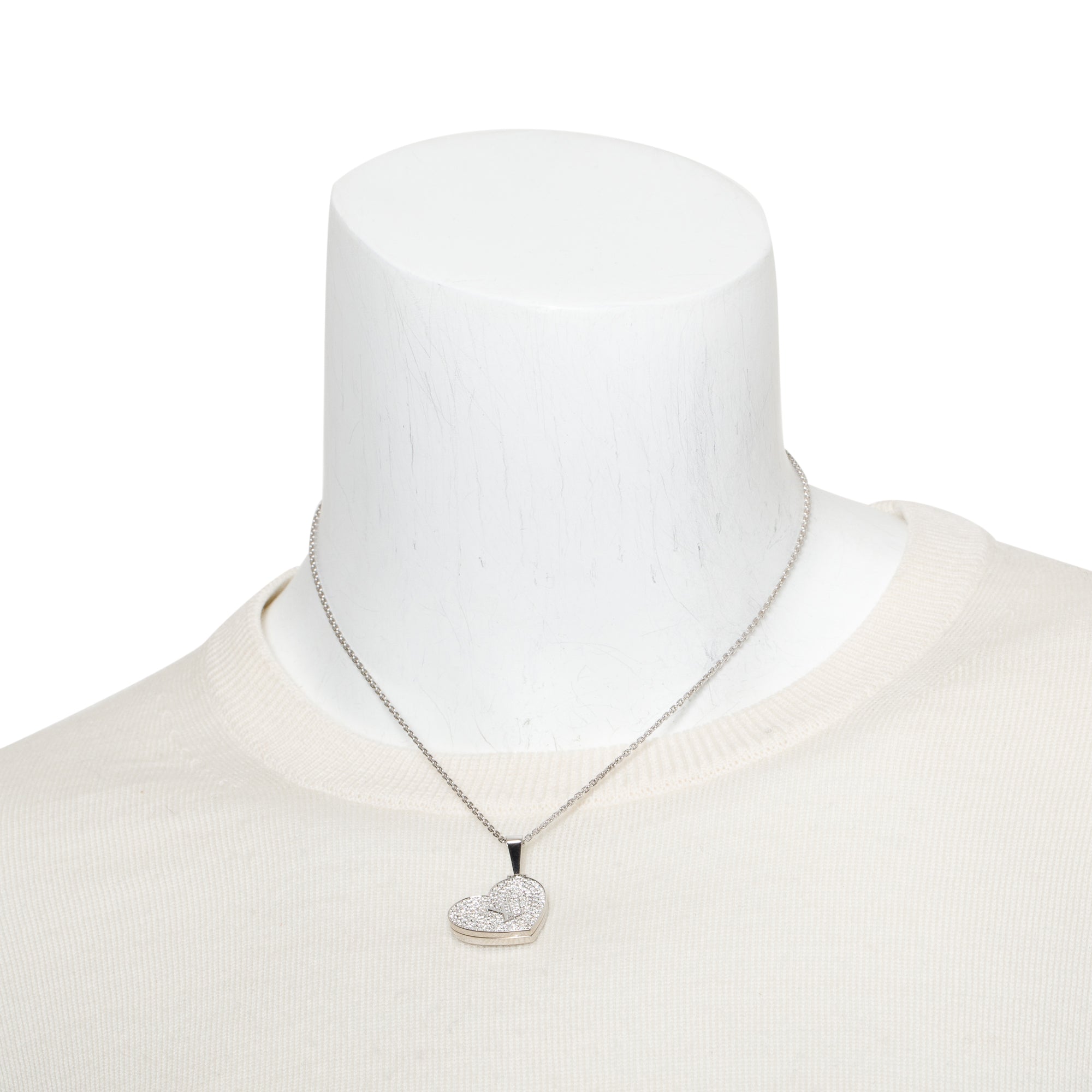 Louis Vuitton 18k White Gold Pave Diamond Heart Locket Pendant Necklace
