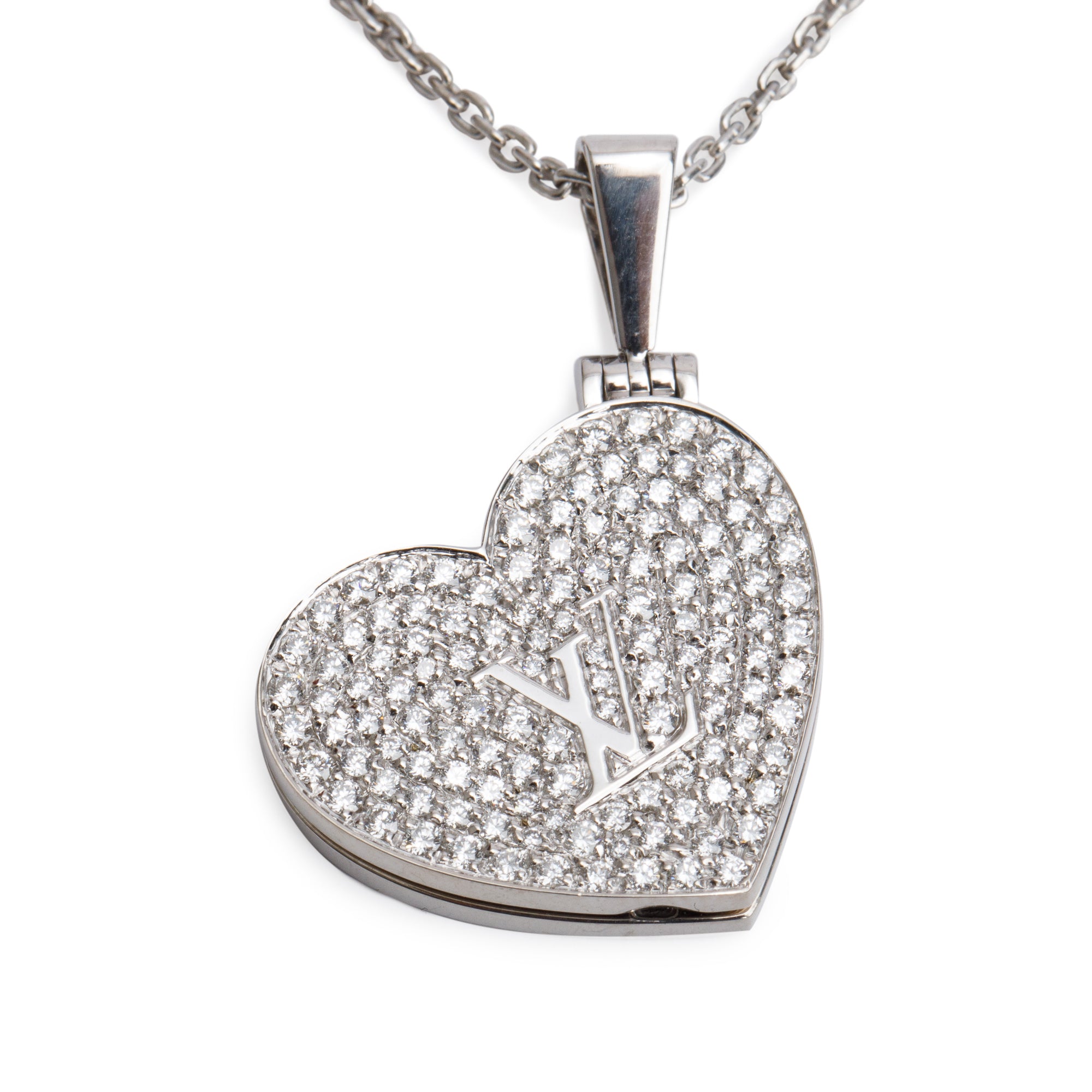 Louis Vuitton 18k White Gold Pave Diamond Heart Locket Pendant Necklace