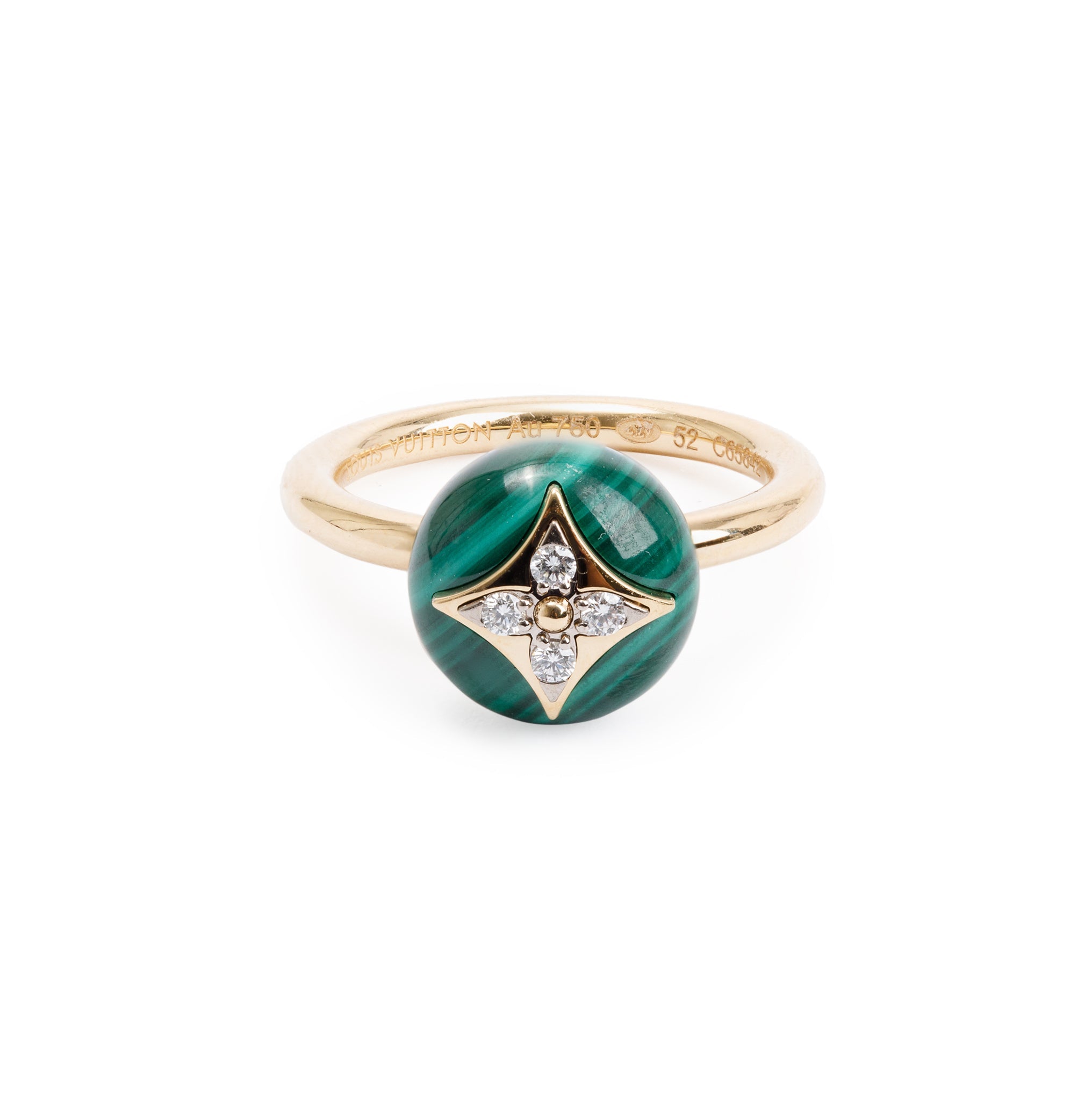 Louis Vuitton 18k Yellow Gold Malachite & Diamond Color Blossom Ring, Size 52 6