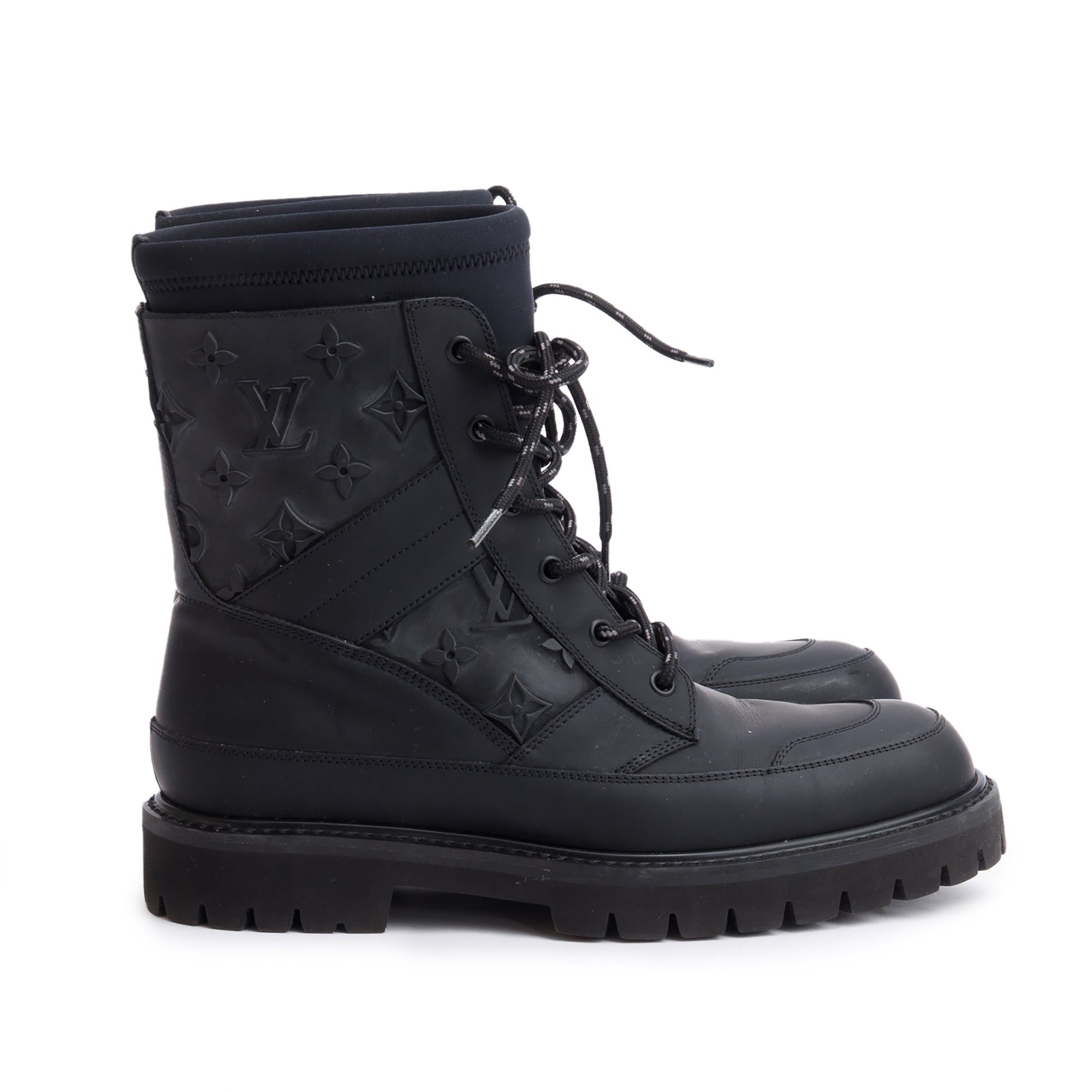 Louis Vuitton 2020 Black Monogram Embossed Rubber Landscape Ankle Boots, Size 6 w/ Box
