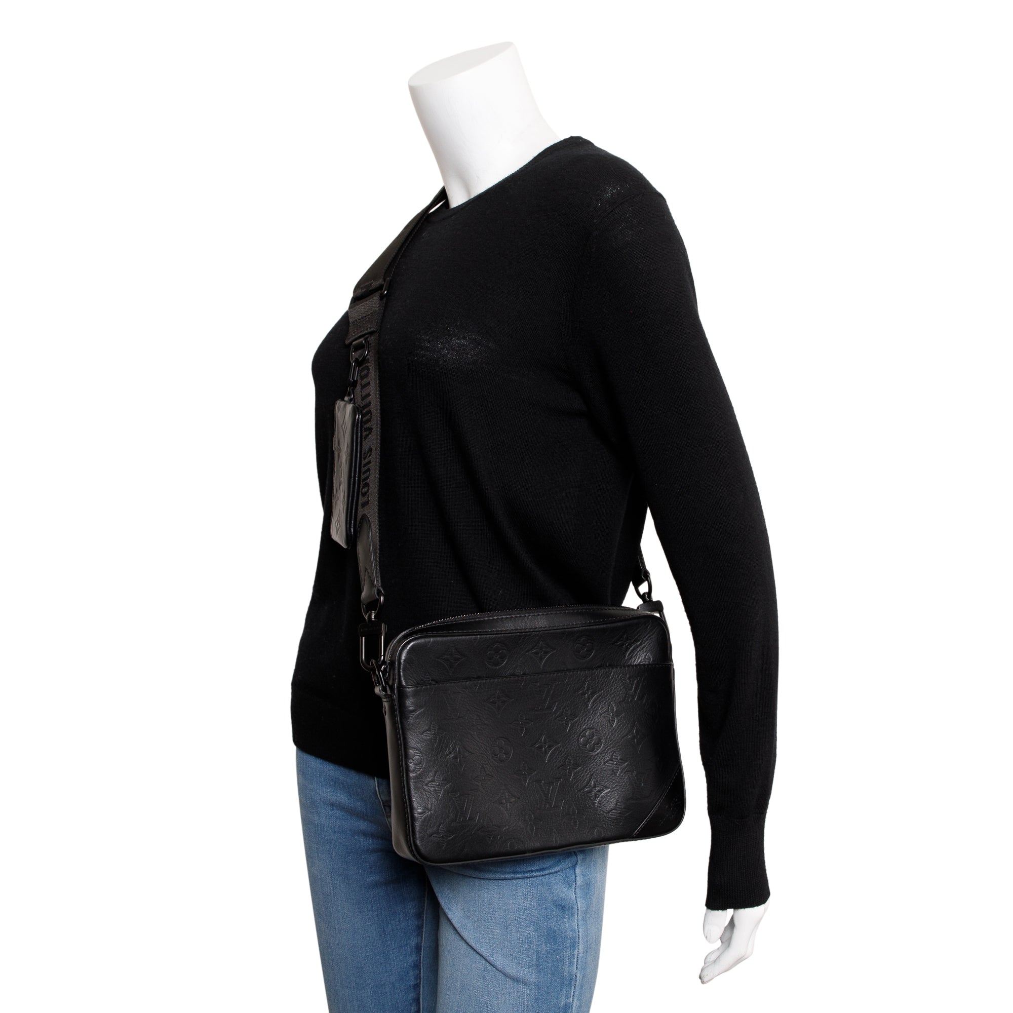 Louis Vuitton 2020 Black Monogram Shadow Embossed Calfskin Leather Duo Messenger Bag