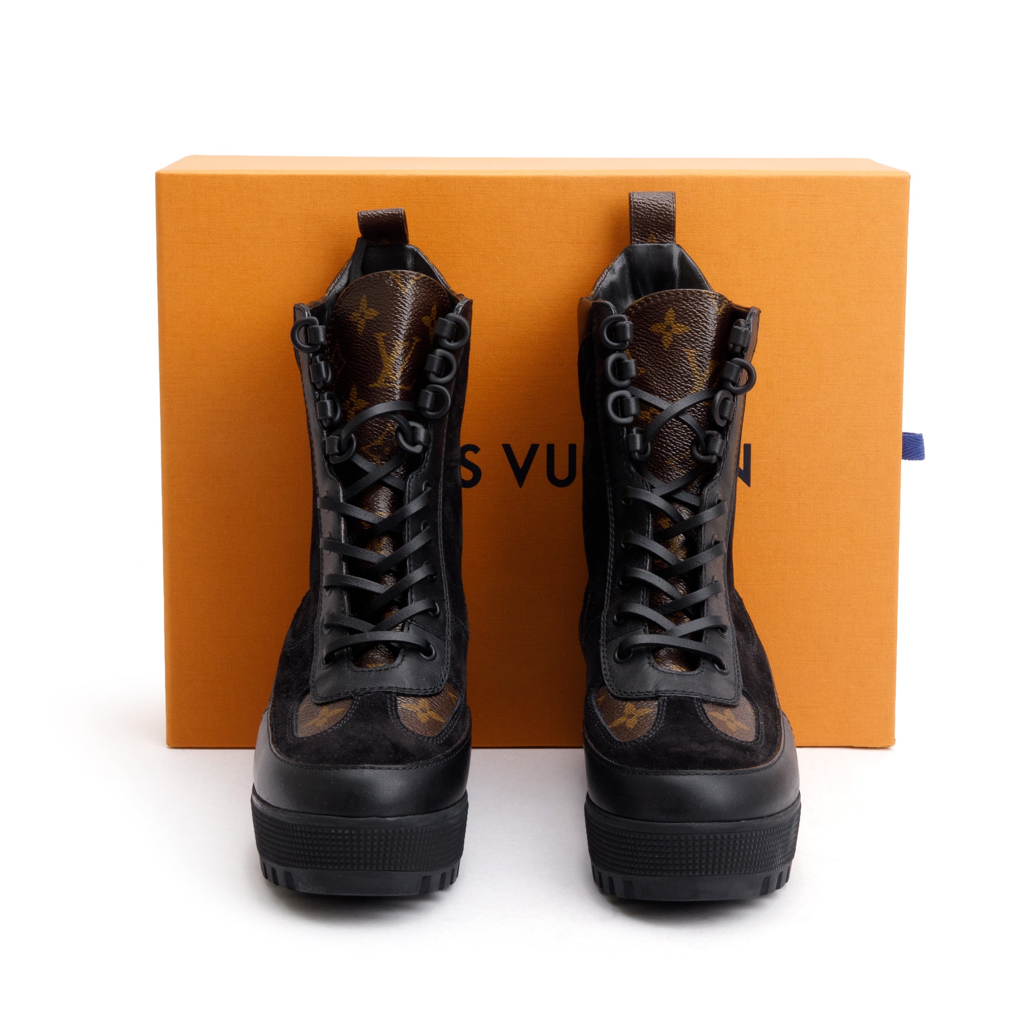 Louis Vuitton 2020 Black Suede Monogram Trim Laureate Platform Desert Boots, Size 37.5 w/ Box