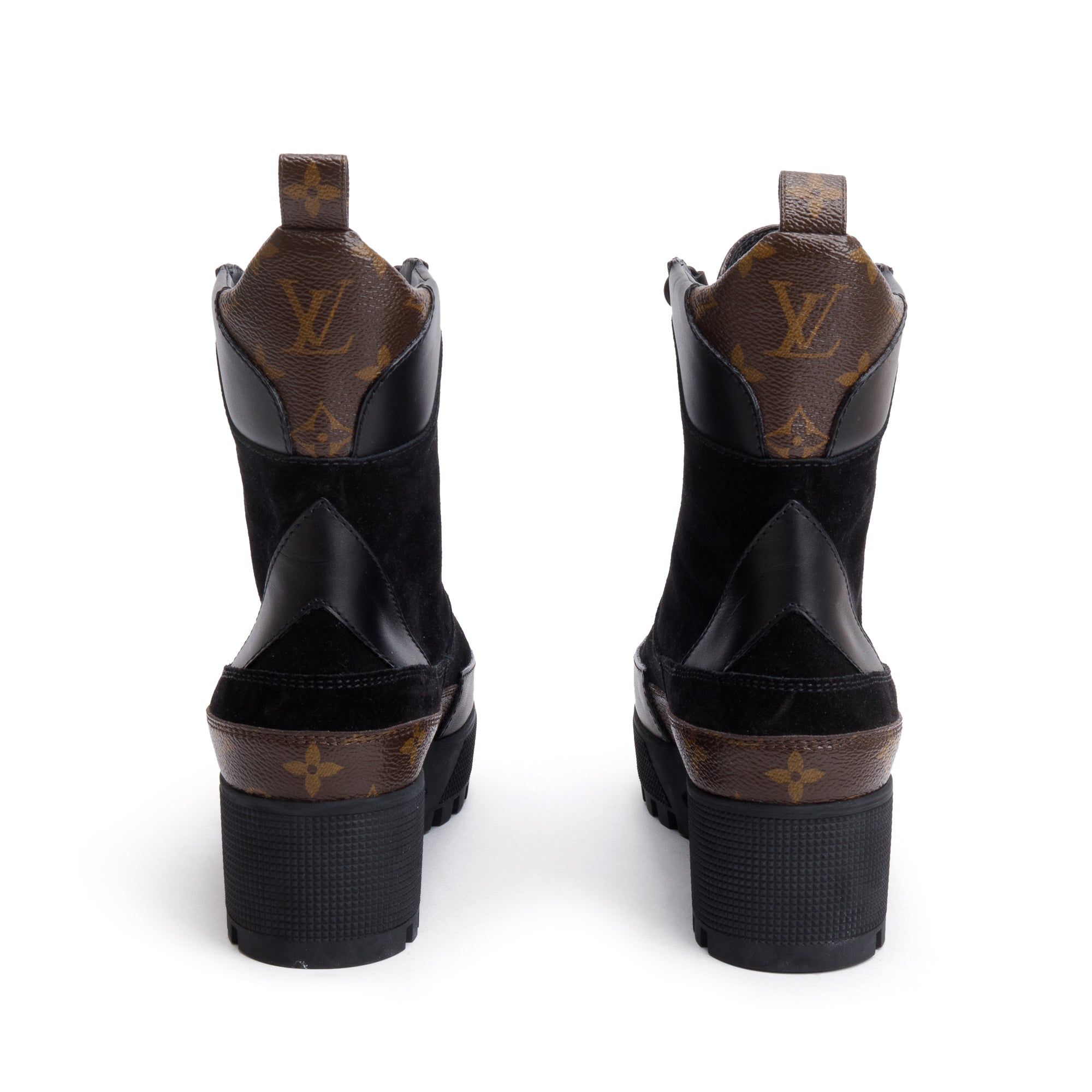 Louis Vuitton 2020 Black Suede Monogram Trim Laureate Platform Desert Boots, Size 37.5 w/ Box