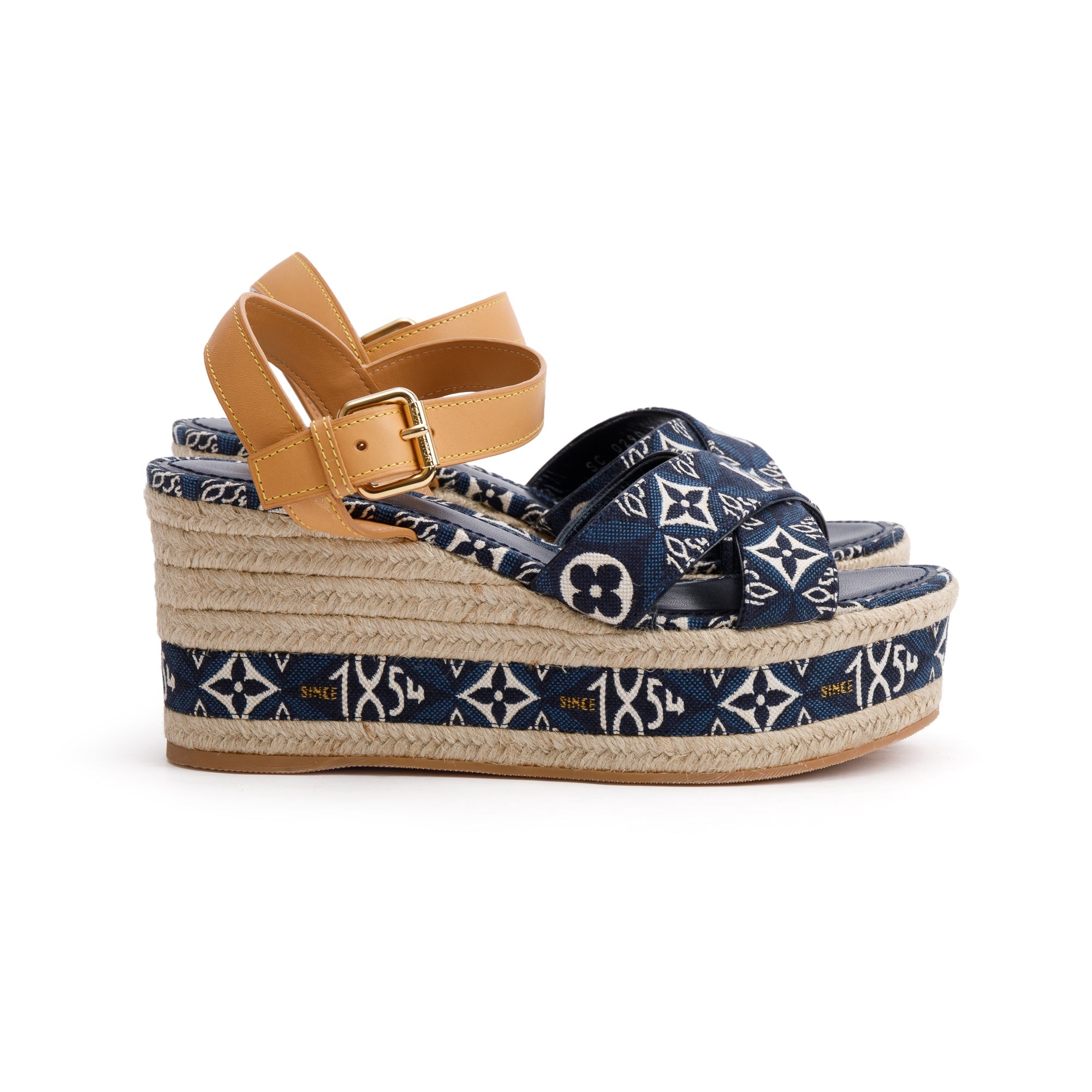 Louis Vuitton 2020 Blue Jacquard Canvas Since 1854 Boundary Wedge Sandals, Size 39 w/ Box