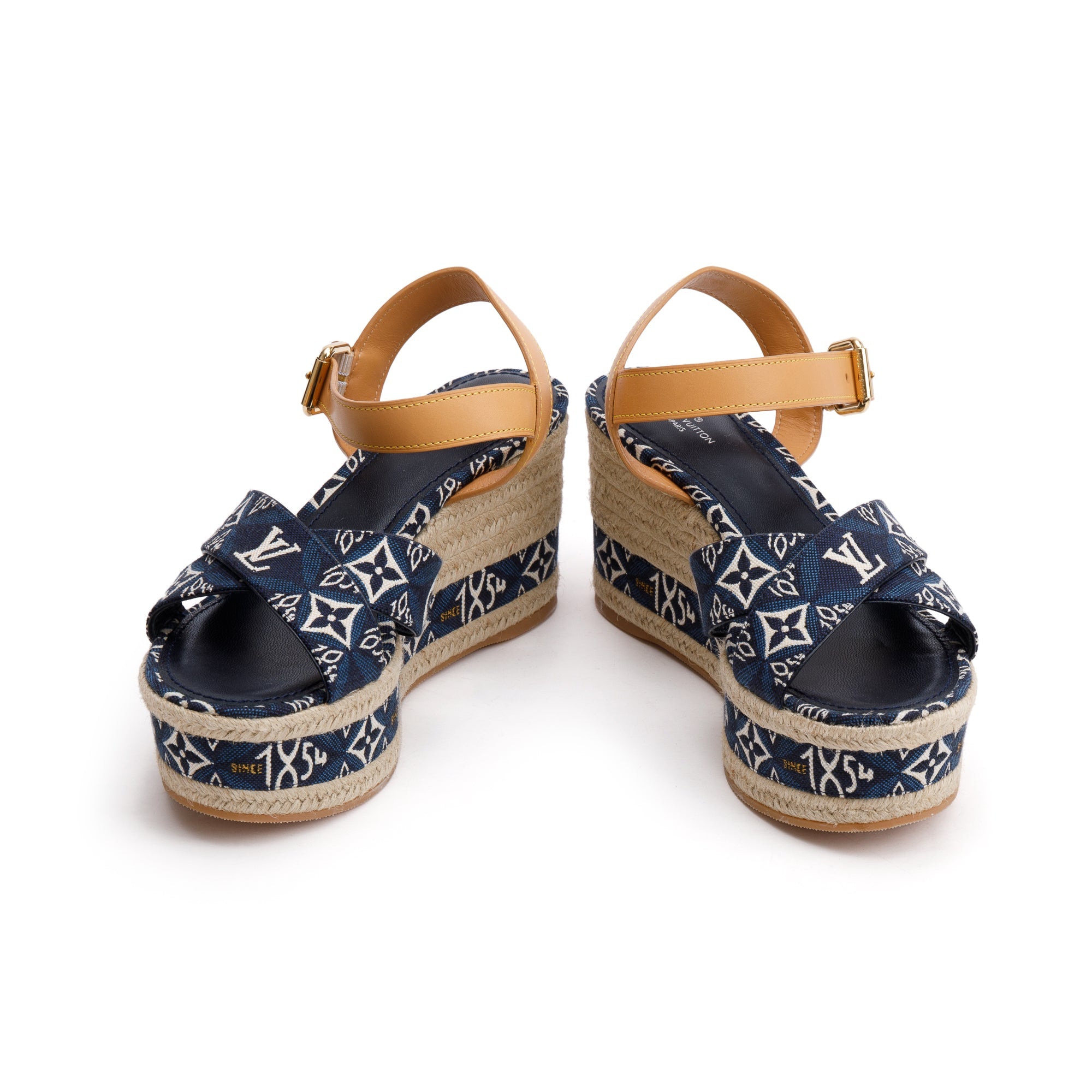 Louis Vuitton 2020 Blue Jacquard Canvas Since 1854 Boundary Wedge Sandals, Size 39 w/ Box