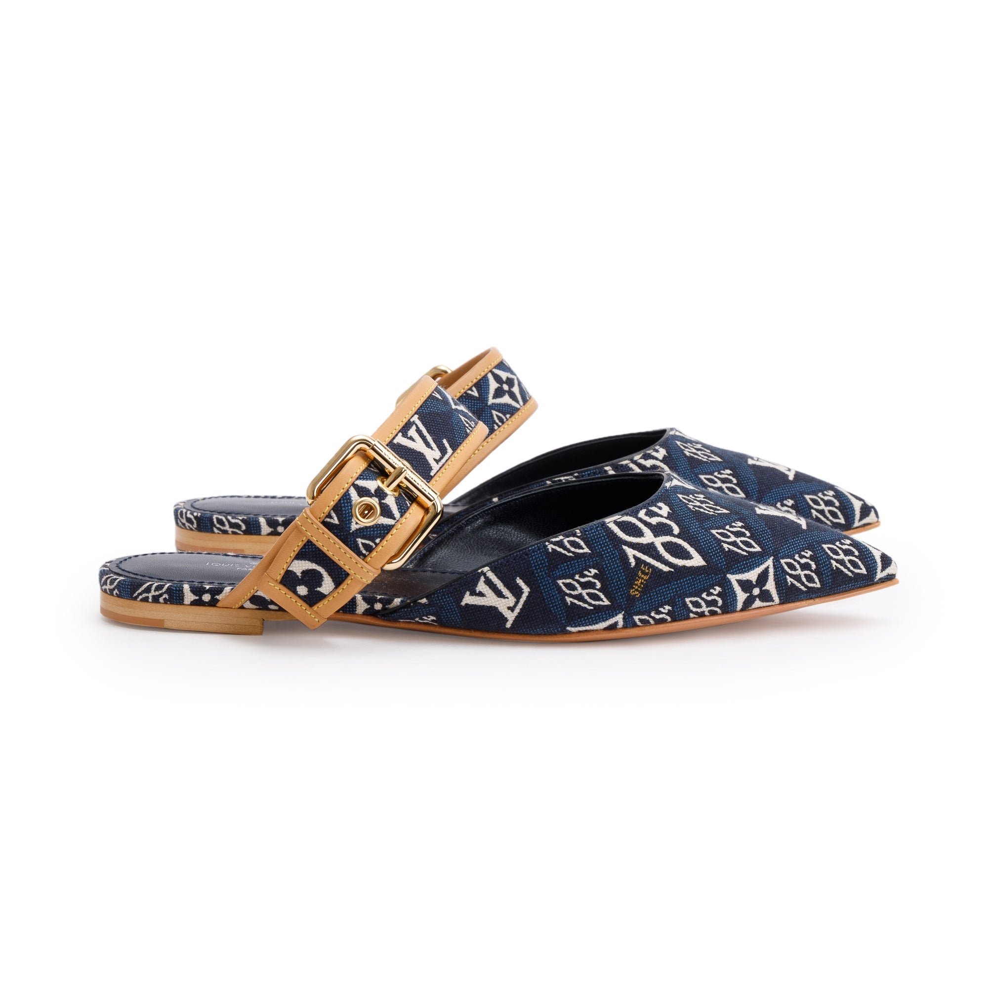 Louis Vuitton 2020 Blue Jacquard Canvas Since 1854 Sofia Flat Mules, Size 39 w/ Box