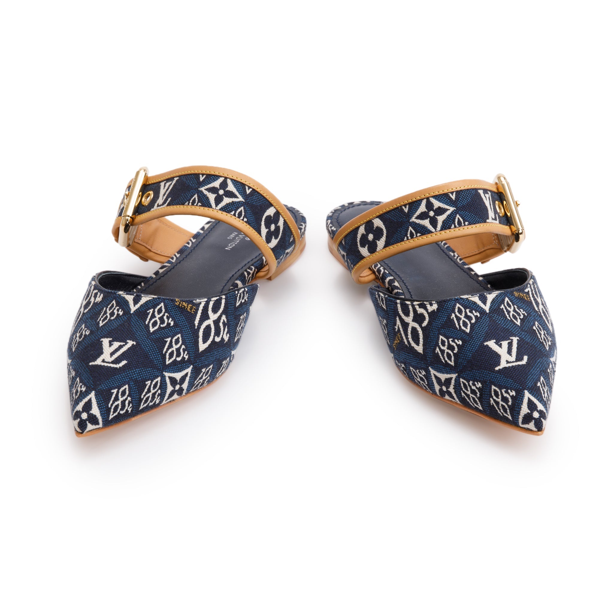 Louis Vuitton 2020 Blue Jacquard Canvas Since 1854 Sofia Flat Mules, Size 39 w/ Box