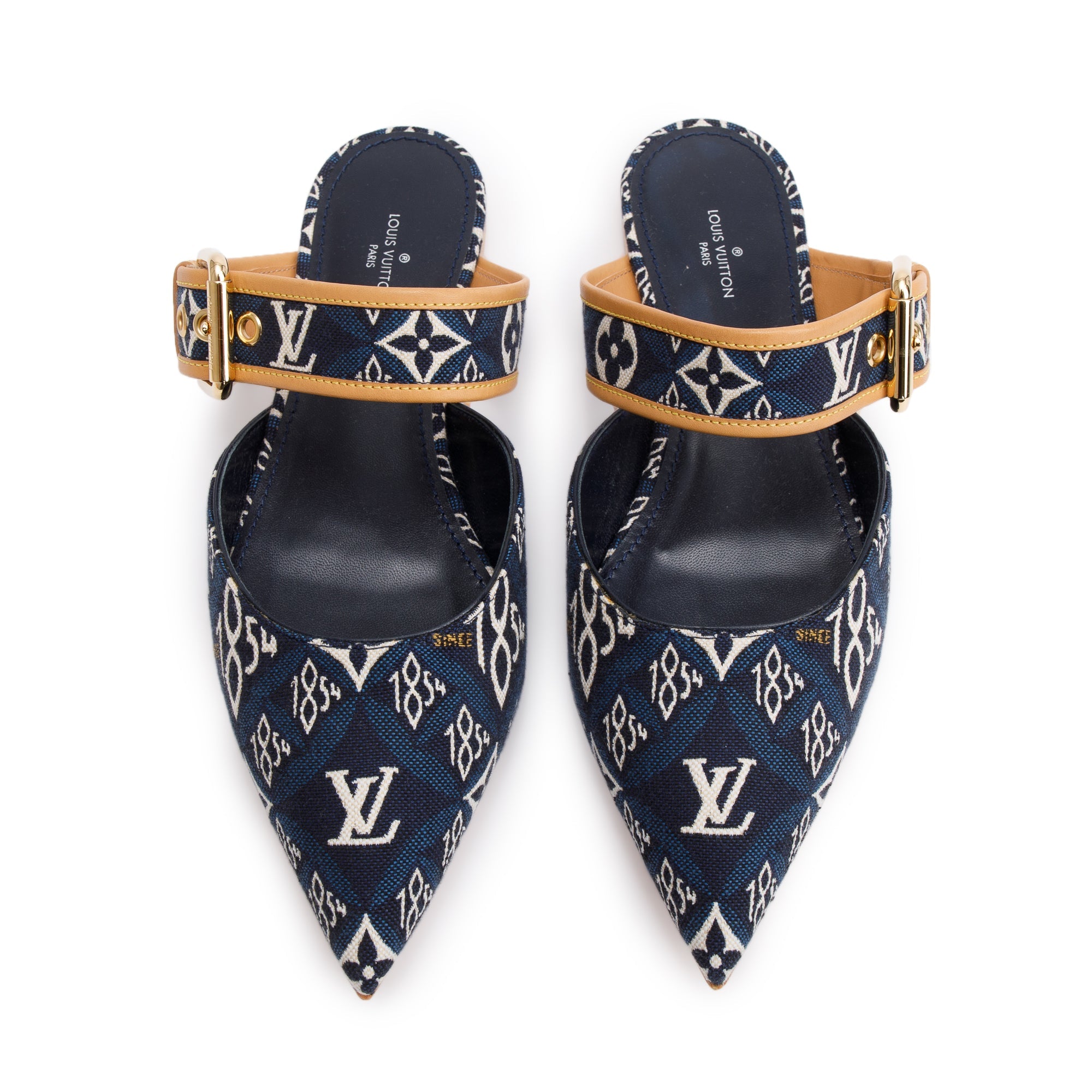 Louis Vuitton 2020 Blue Jacquard Canvas Since 1854 Sofia Flat Mules, Size 39 w/ Box