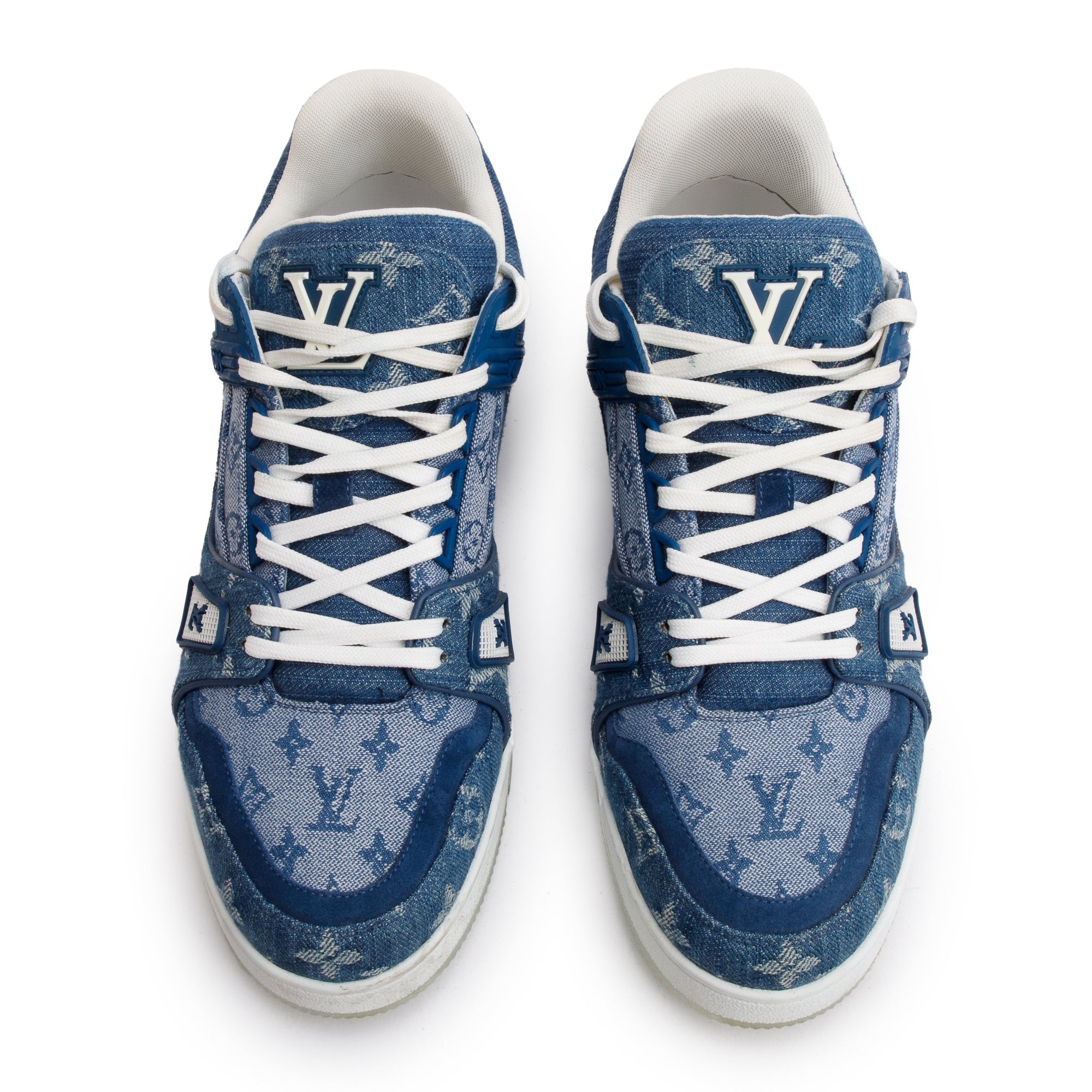 Louis Vuitton 2020 Blue Monogram Denim Calfskin LV Trainer Sneakers, Size 7.5 w/ Box