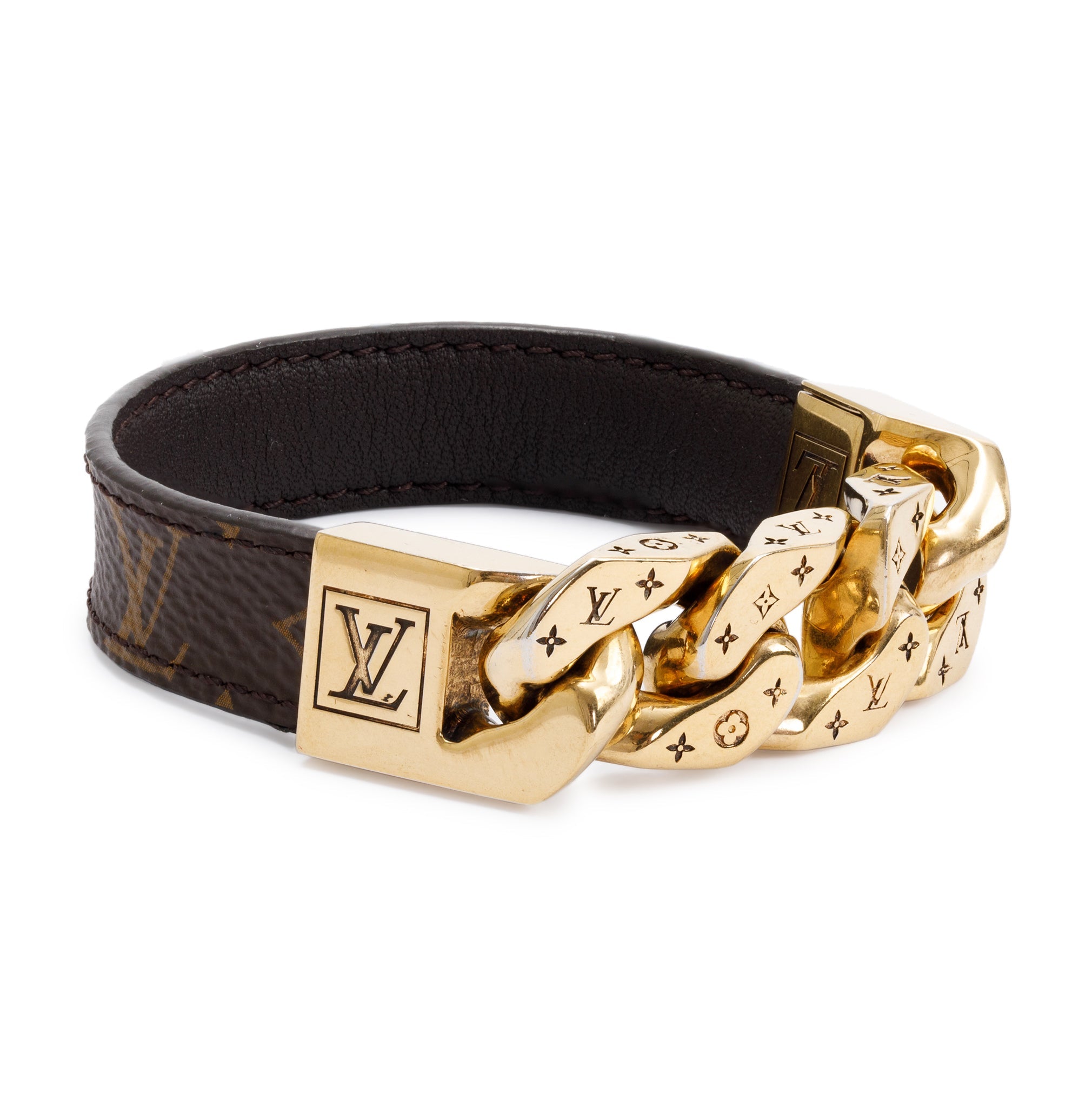 Louis Vuitton 2020 Brass Brown Leather & Monogram Canvas Monochain Reverso Bracelet