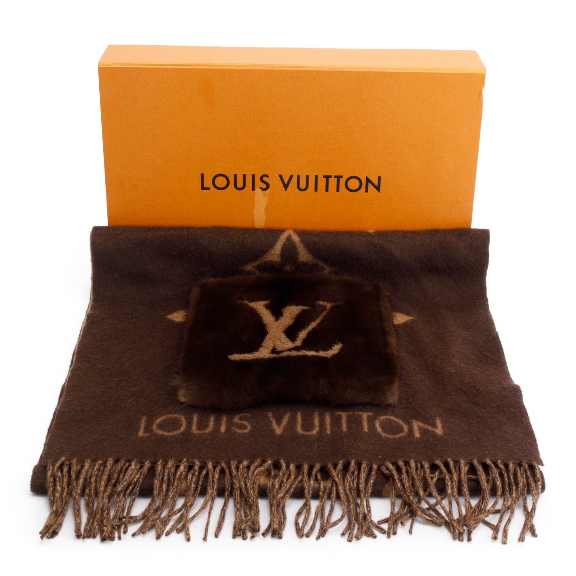 Louis Vuitton 2020 Brown/Beige Cashmere Mink Fur Pocket Monogram Cold Reykjavik Scarf w/ Box