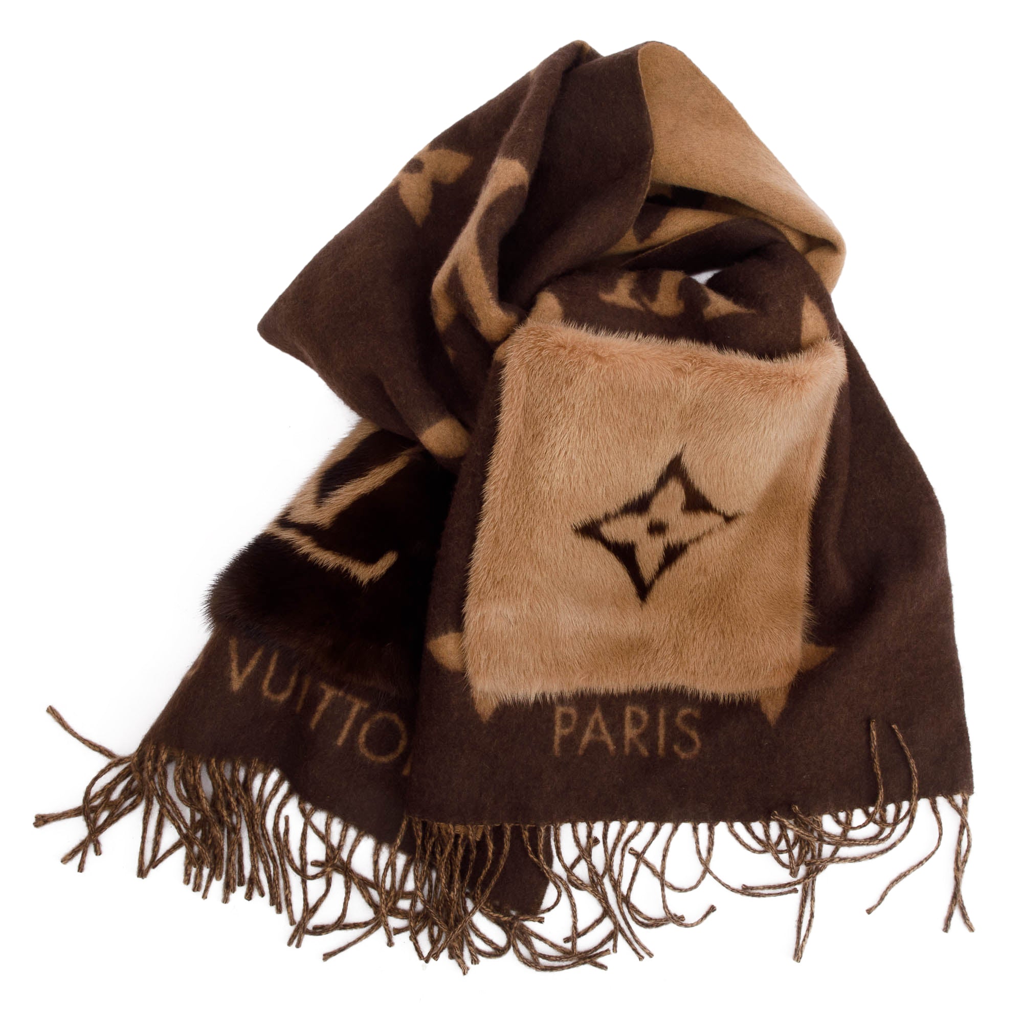 Louis Vuitton 2020 Brown/Beige Cashmere Mink Fur Pocket Monogram Cold Reykjavik Scarf w/ Box