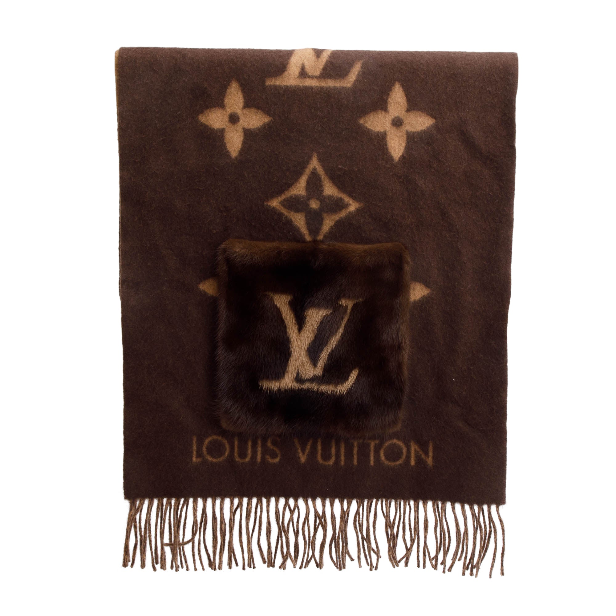 Louis Vuitton 2020 Brown/Beige Cashmere Mink Fur Pocket Monogram Cold Reykjavik Scarf w/ Box