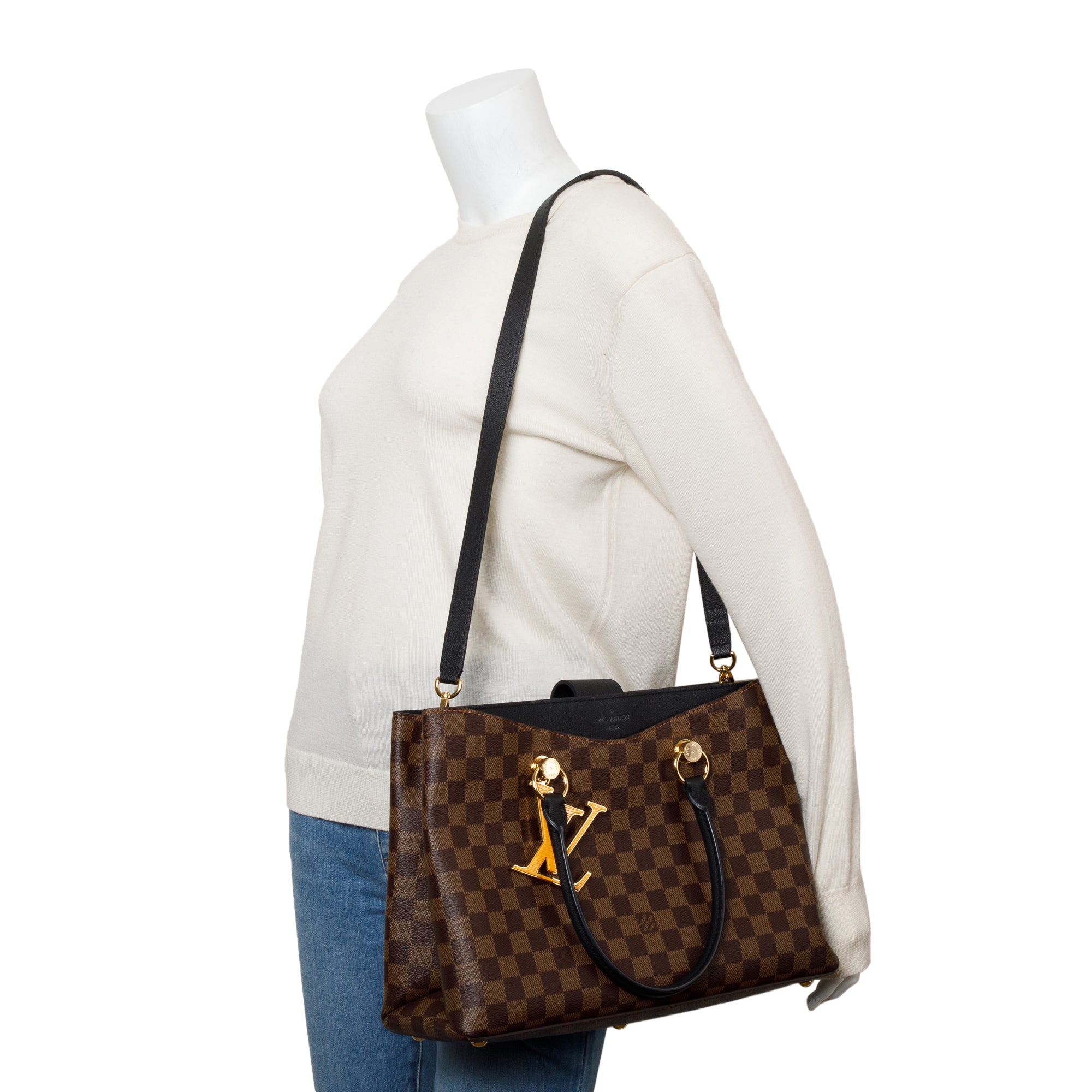 Louis Vuitton 2020 Damier Ebene Black Leather Riverside Tote w/ Strap & Box