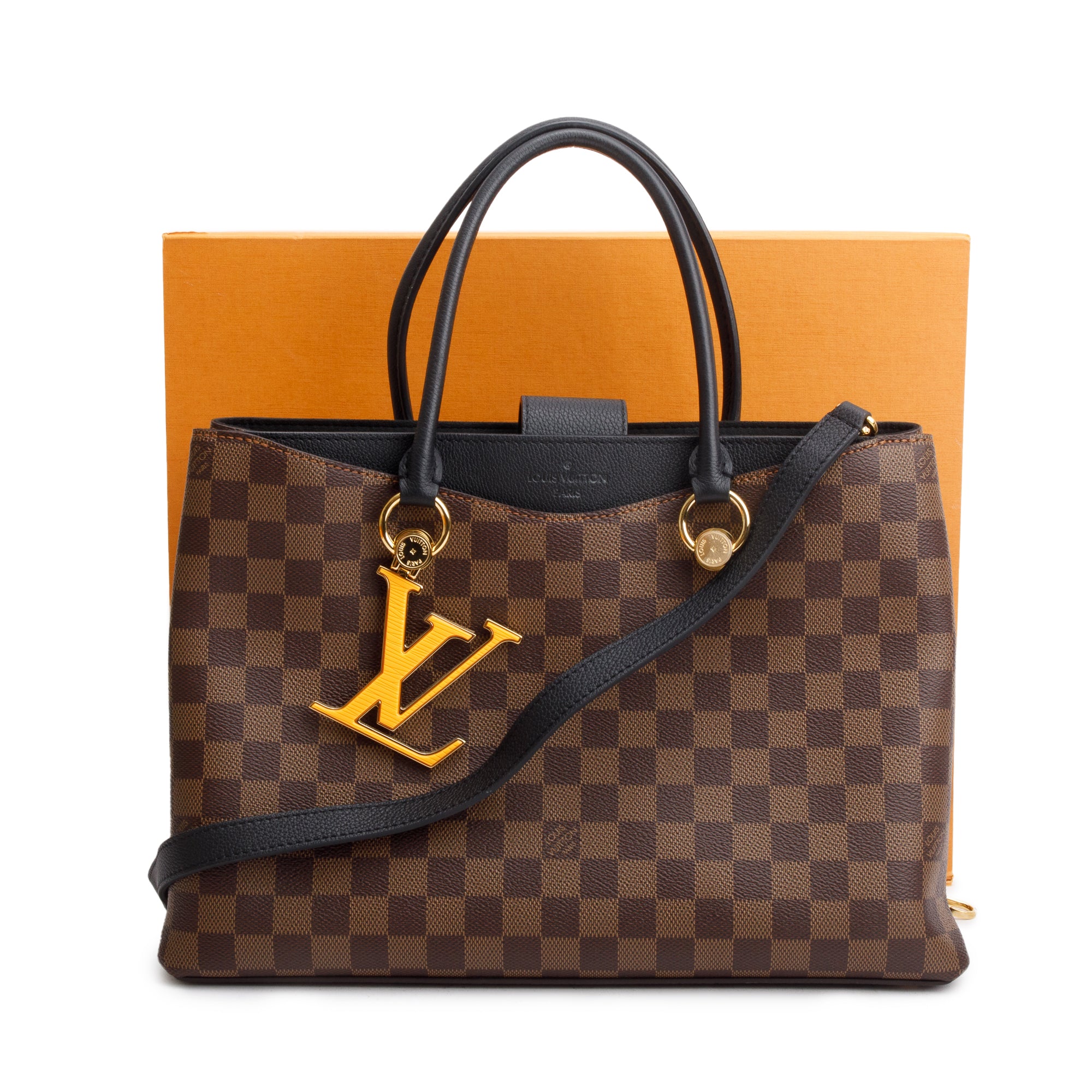 Louis Vuitton 2020 Damier Ebene Black Leather Riverside Tote w/ Strap & Box