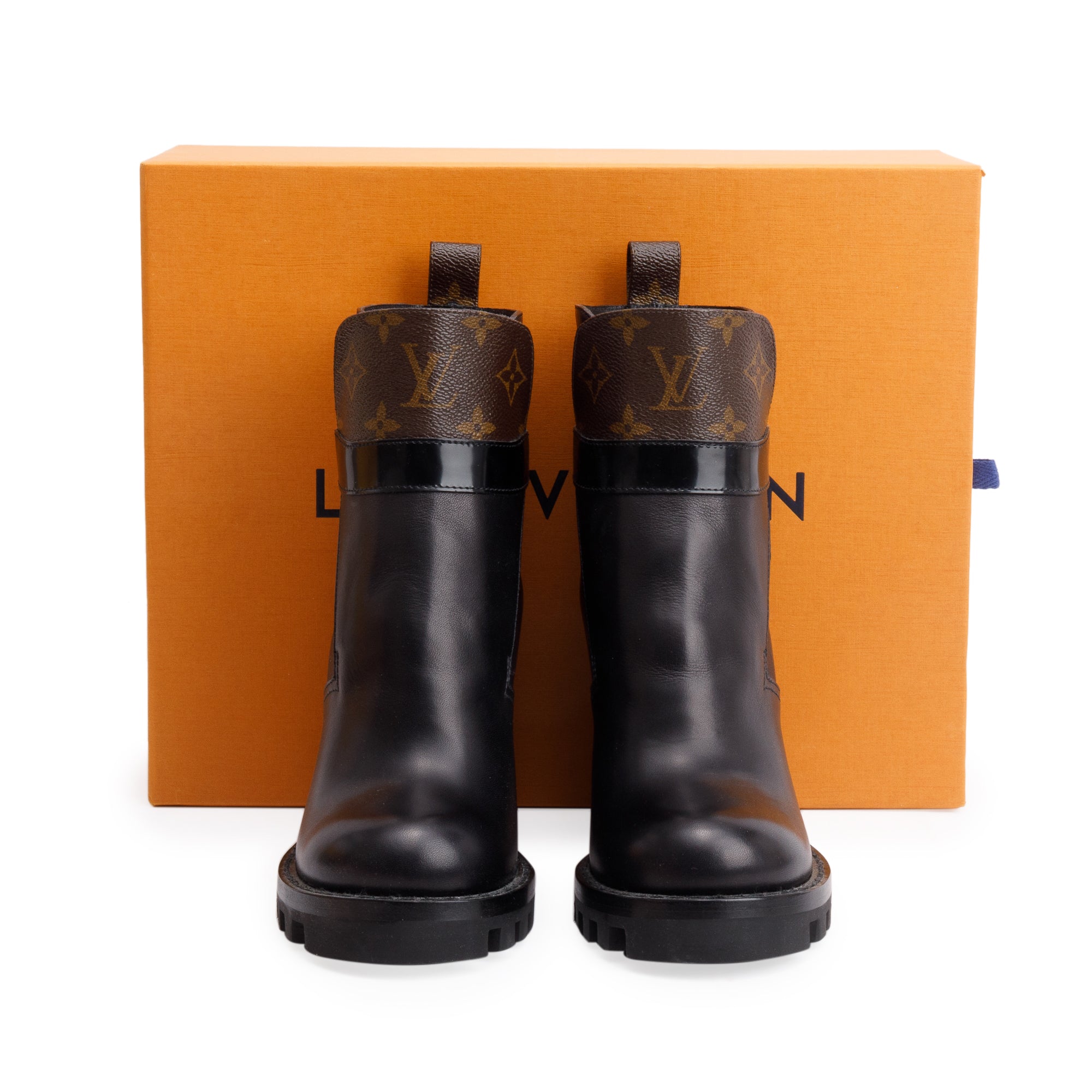 Louis Vuitton 2020 Monogram Black Leather Star Trail Combat Boots, Size 36.5 w/ Box
