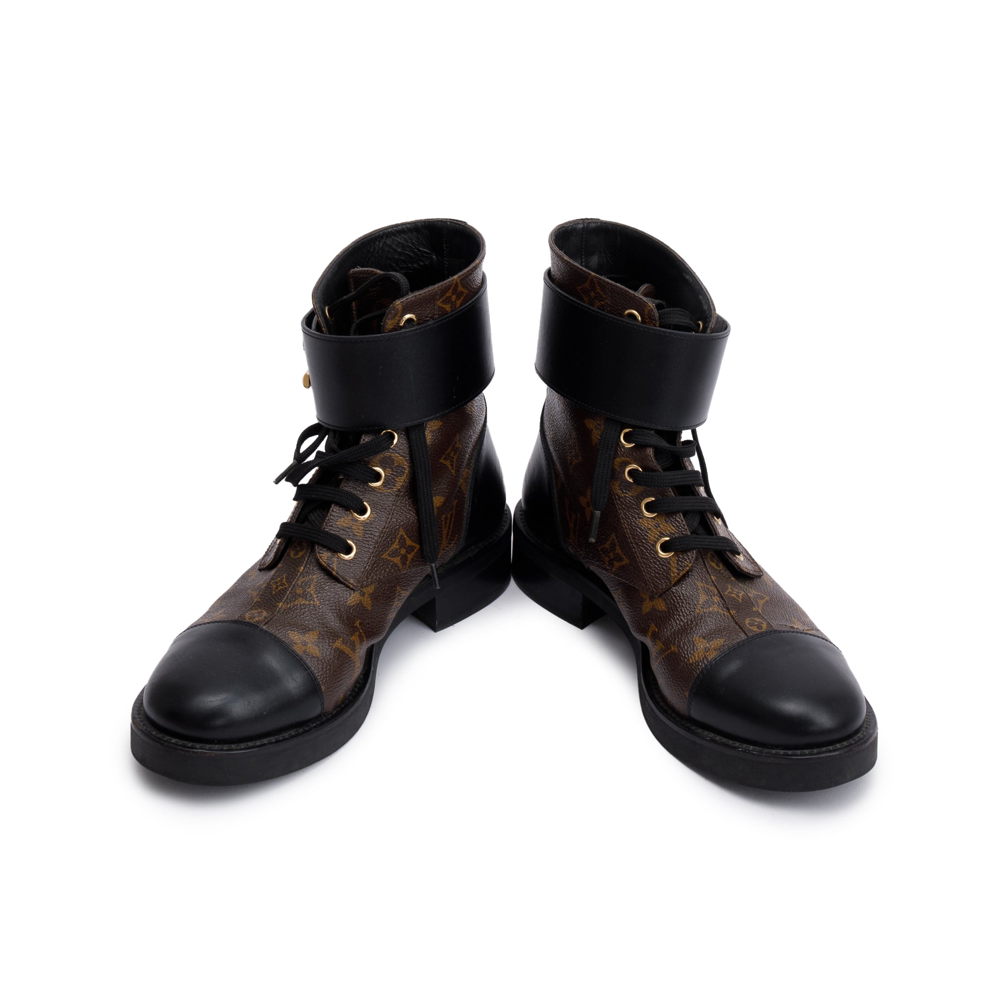 Louis Vuitton 2020 Monogram Black Leather Wonderland Flat Ranger Boots, Size 9
