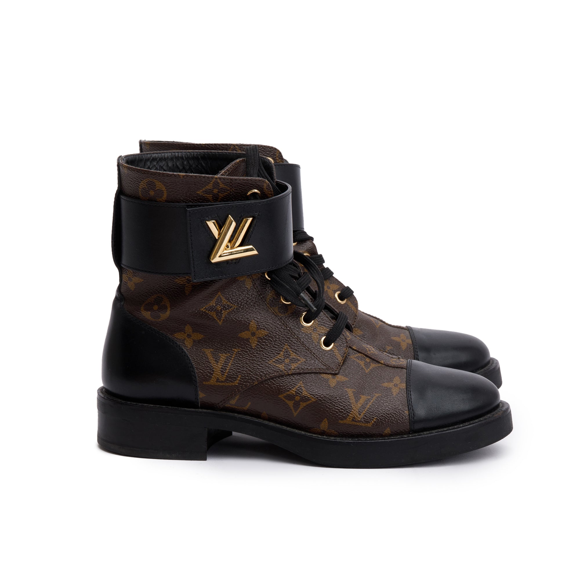 Louis Vuitton 2020 Monogram Black Leather Wonderland Flat Ranger Boots, Size 9