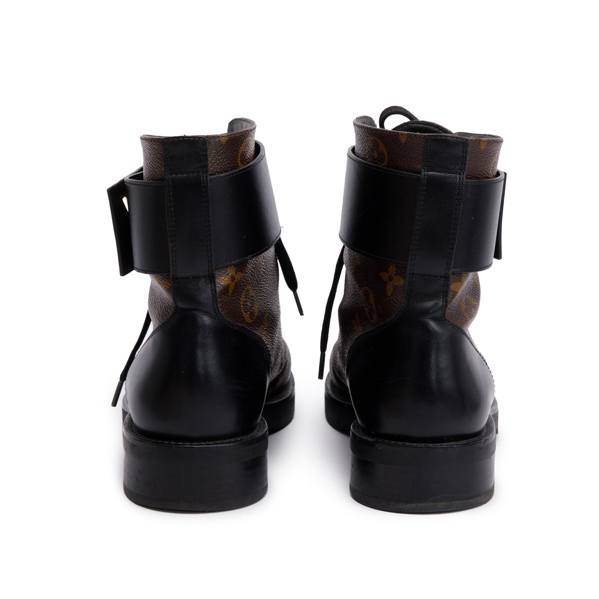 Louis Vuitton 2020 Monogram Black Leather Wonderland Flat Ranger Boots, Size 9