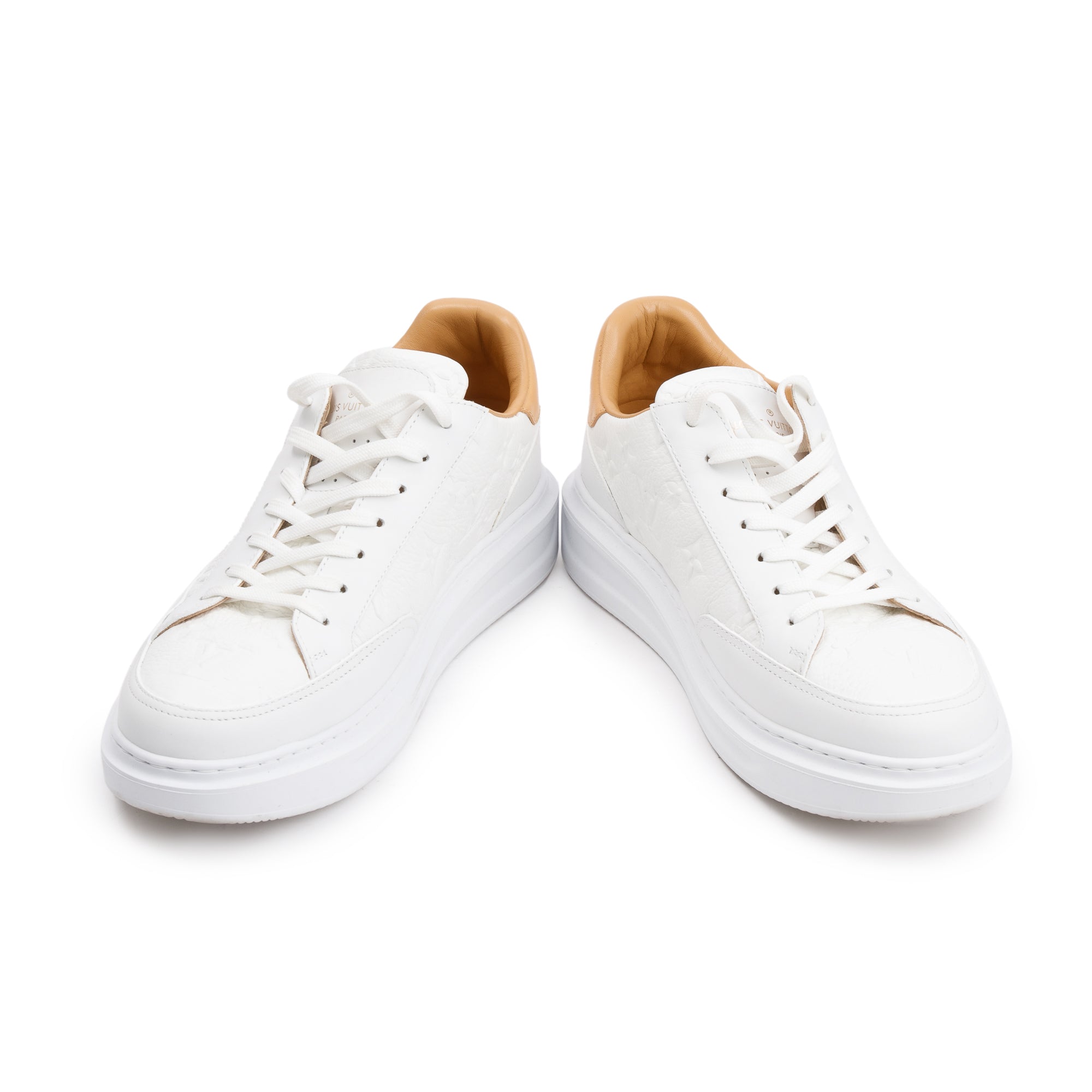 Louis Vuitton 2020 White Monogram Embosssed Leather Beverly Hills Sneakers, Size 6.5 w/ Box