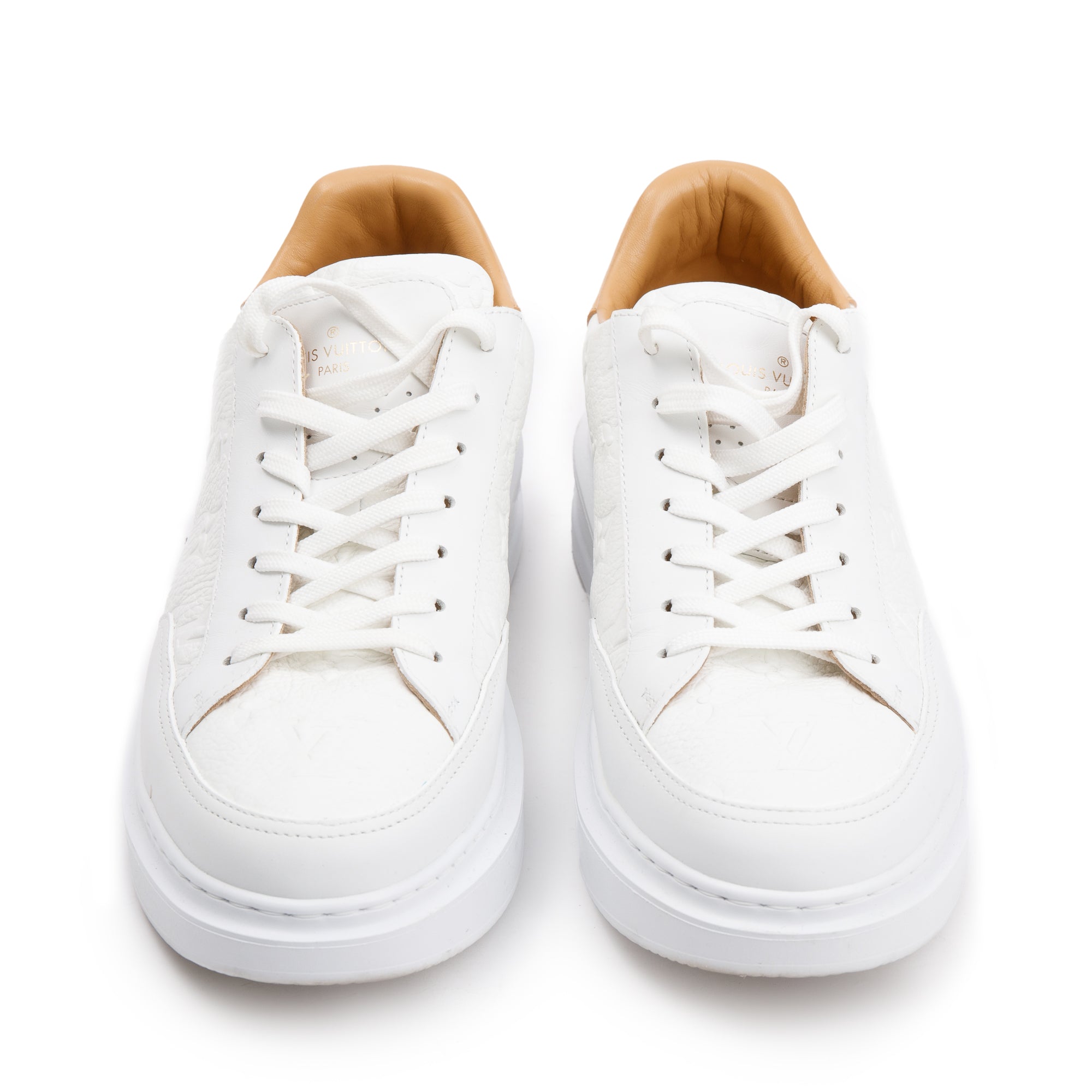 Louis Vuitton 2020 White Monogram Embosssed Leather Beverly Hills Sneakers, Size 6.5 w/ Box