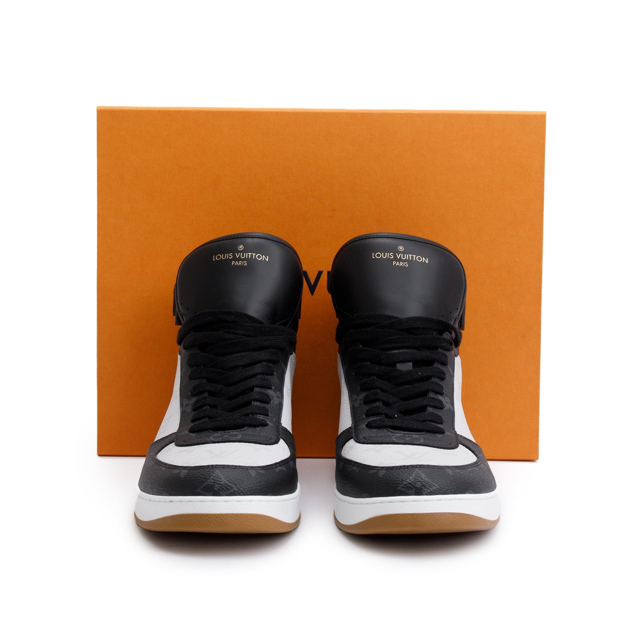 Louis Vuitton 2021 Black Leather Iconic Monogram Canvas Rivoli Sneaker Boots, Size 11 w/ Box