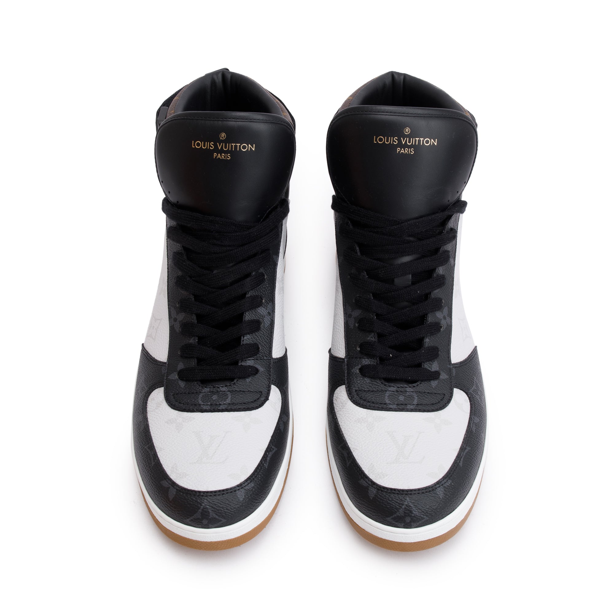 Louis Vuitton 2021 Black Leather Iconic Monogram Canvas Rivoli Sneaker Boots, Size 11 w/ Box