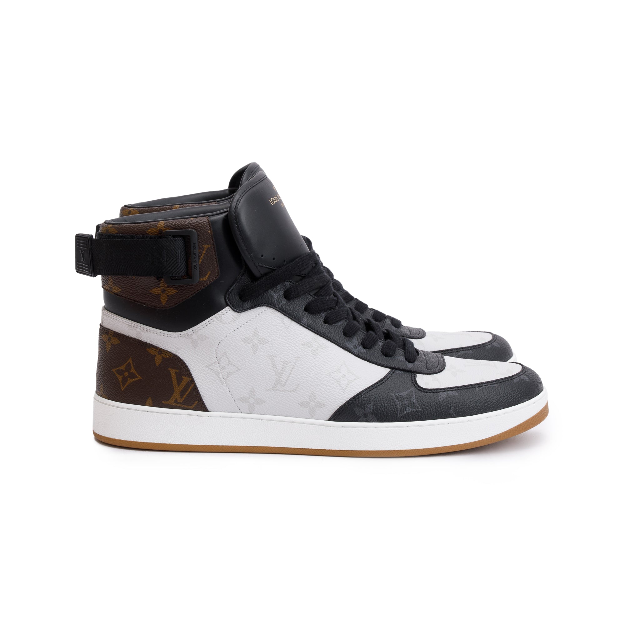 Louis Vuitton 2021 Black Leather Iconic Monogram Canvas Rivoli Sneaker Boots, Size 11 w/ Box