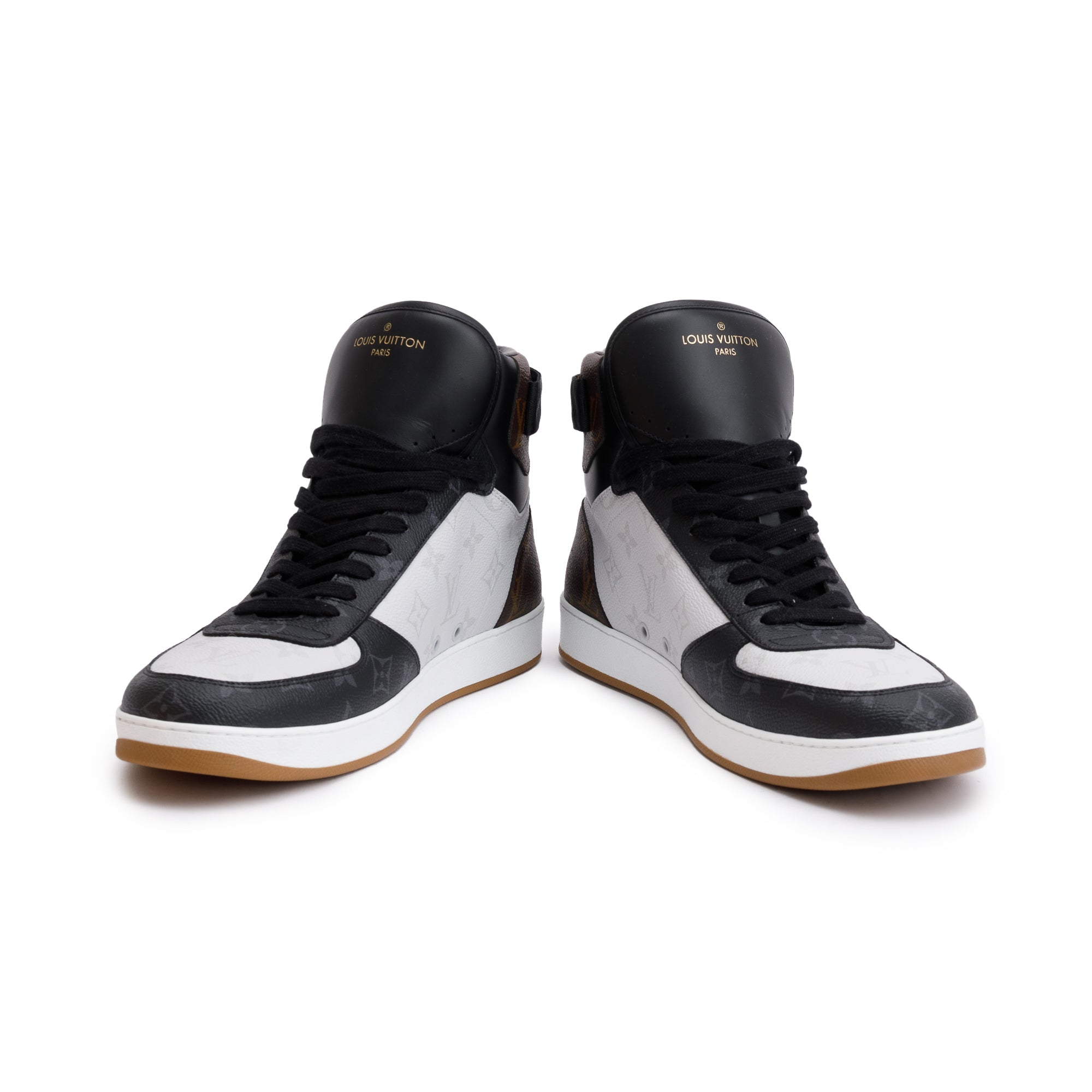 Louis Vuitton 2021 Black Leather Iconic Monogram Canvas Rivoli Sneaker Boots, Size 11 w/ Box