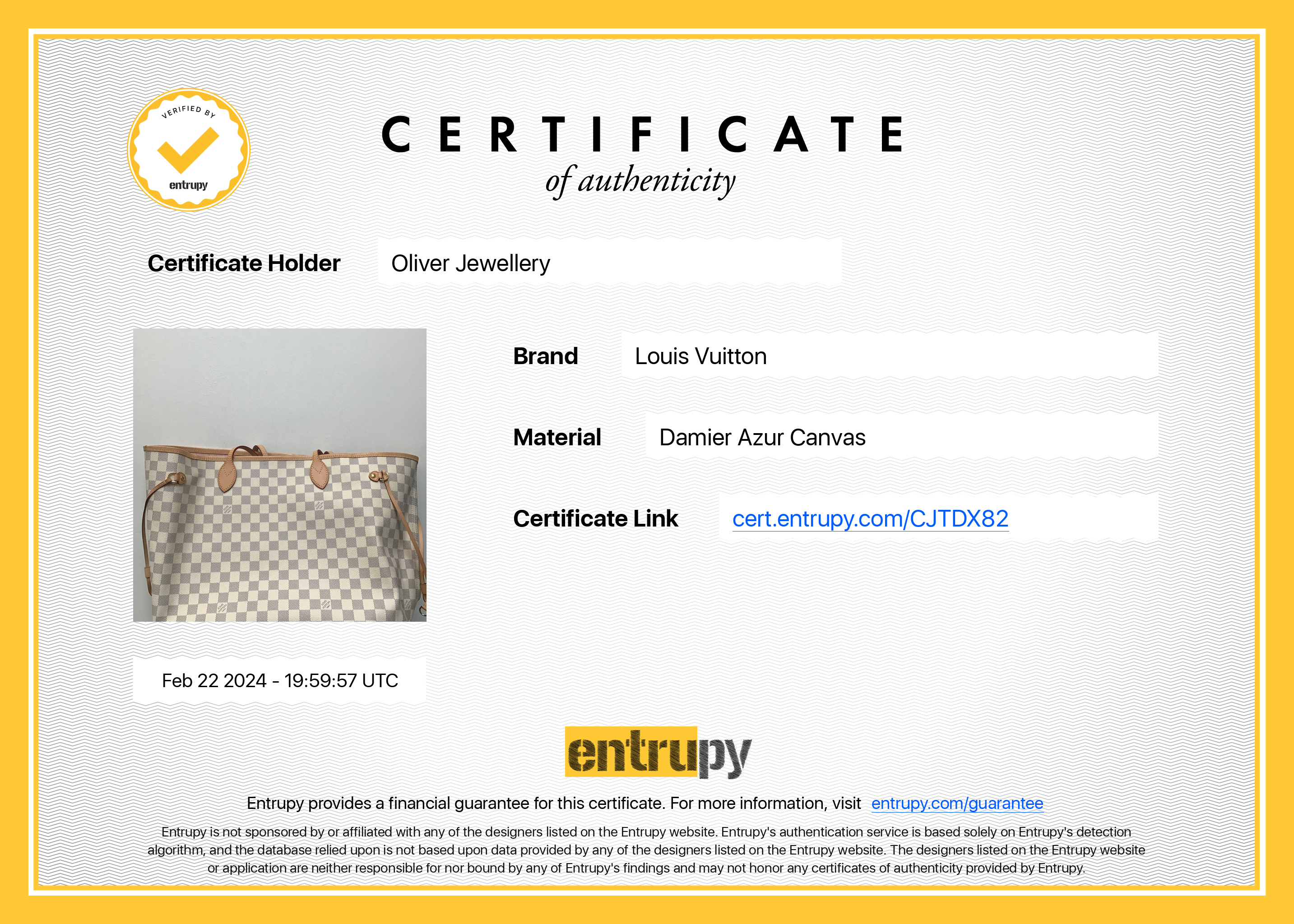 Louis Vuitton 2021 Damier Azur Neverfull GM w/ Box & Receipt