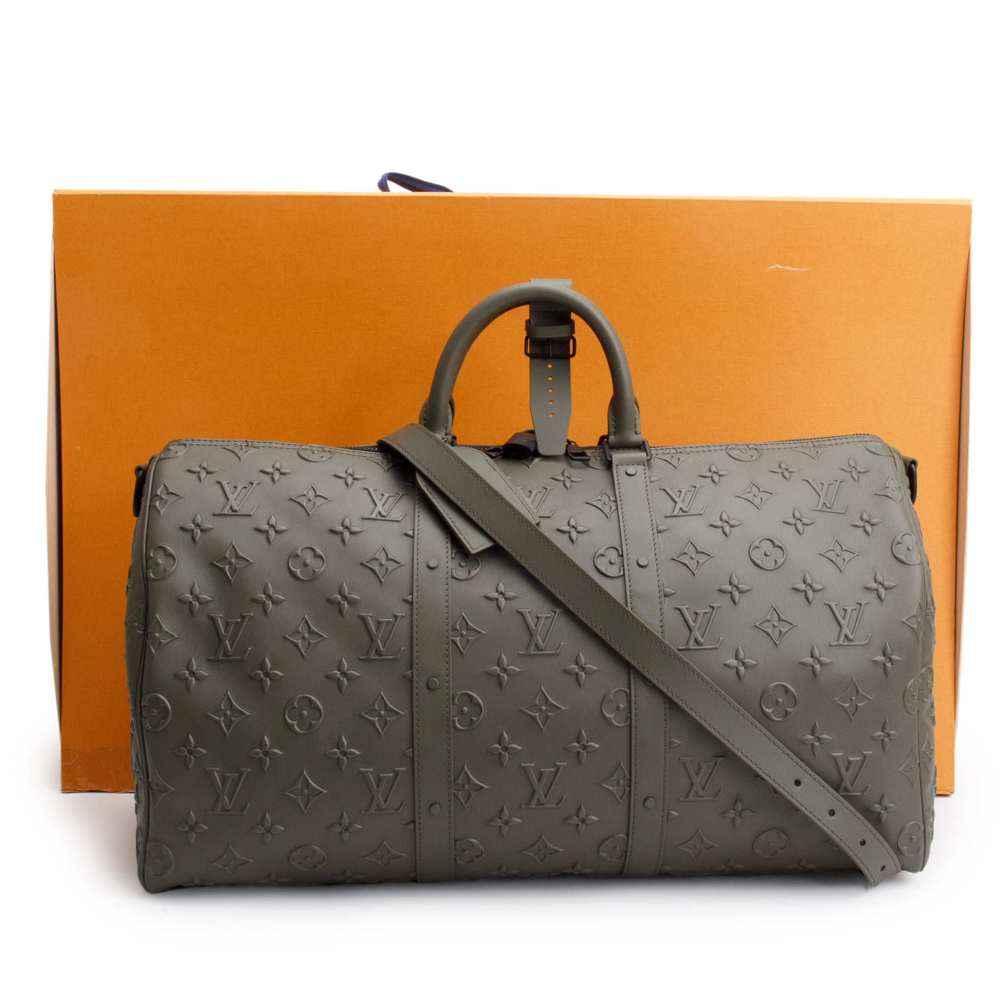 Louis Vuitton 2021 Khaki Monogram Seal Leather Keepall Bandouliere 50 w/ Box