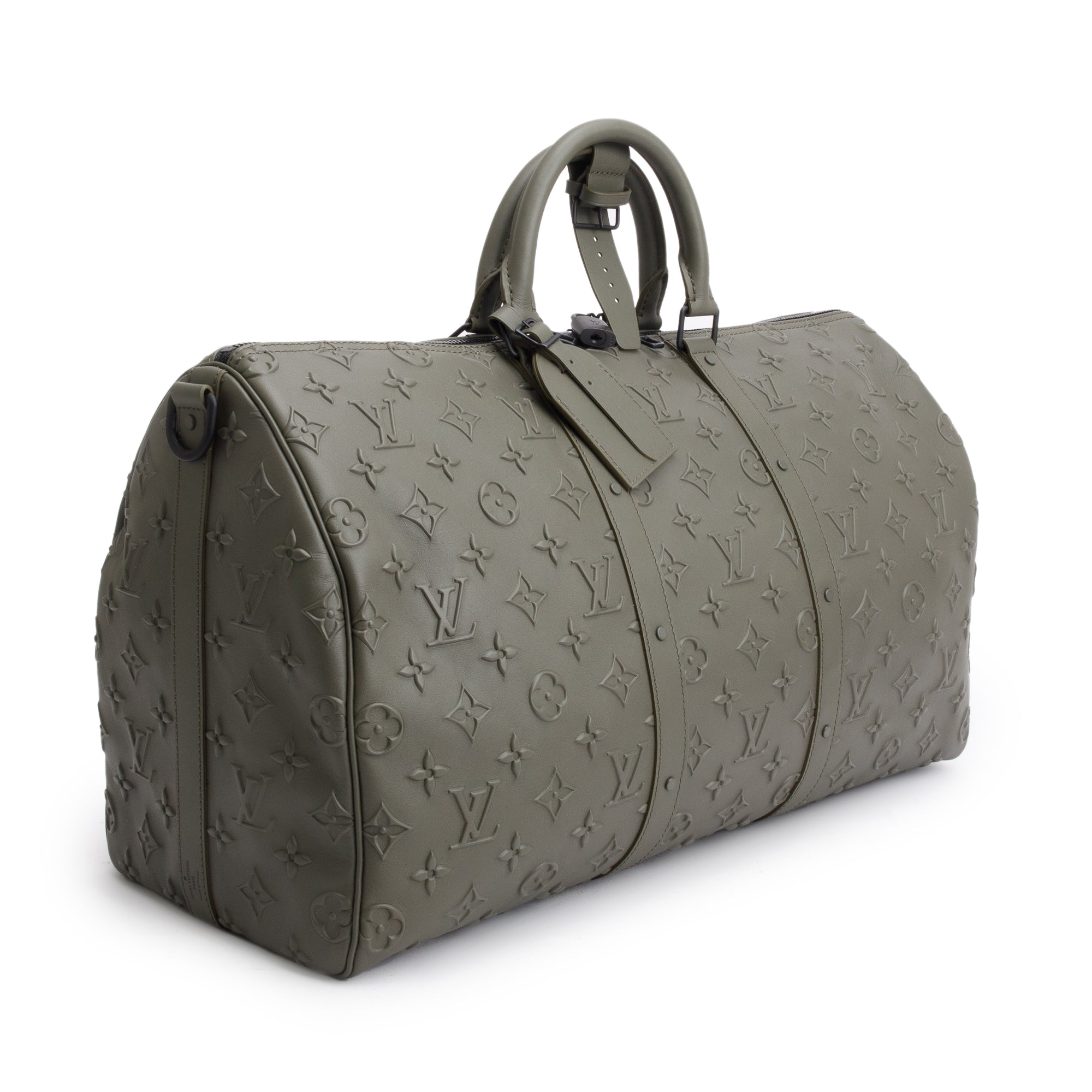 Louis Vuitton 2021 Khaki Monogram Seal Leather Keepall Bandouliere 50 w/ Box