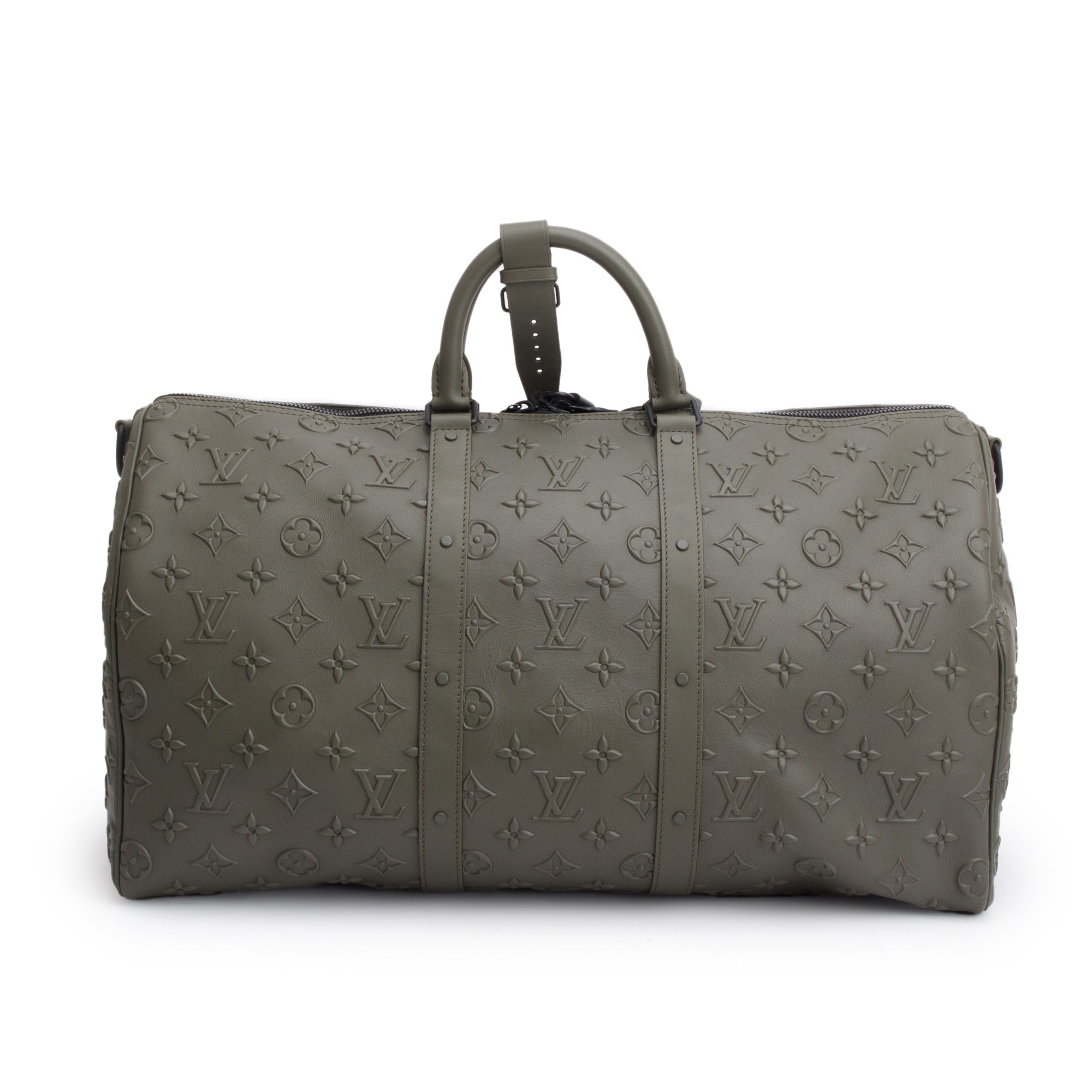 Louis Vuitton 2021 Khaki Monogram Seal Leather Keepall Bandouliere 50 w/ Box