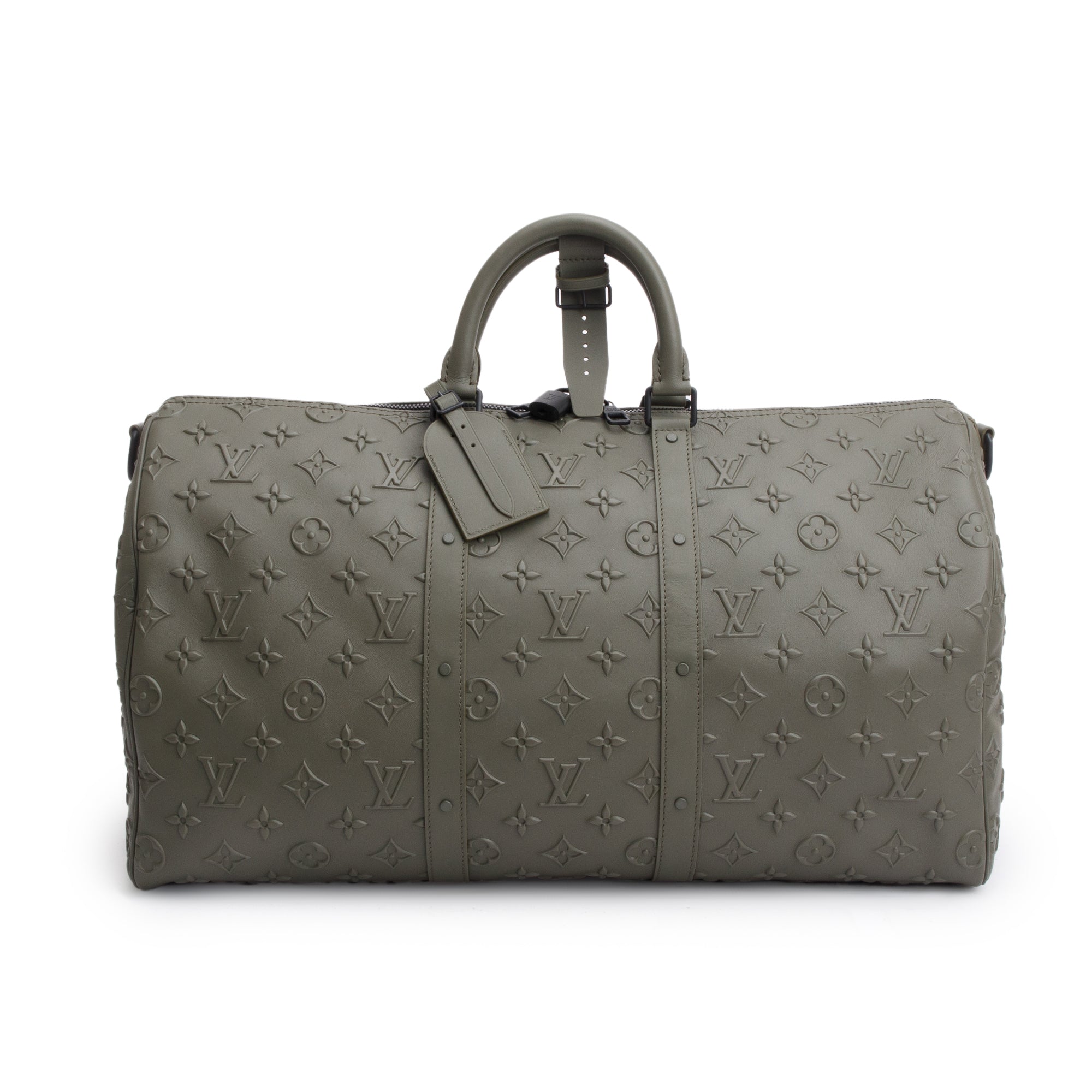 Louis Vuitton 2021 Khaki Monogram Seal Leather Keepall Bandouliere 50 w/ Box